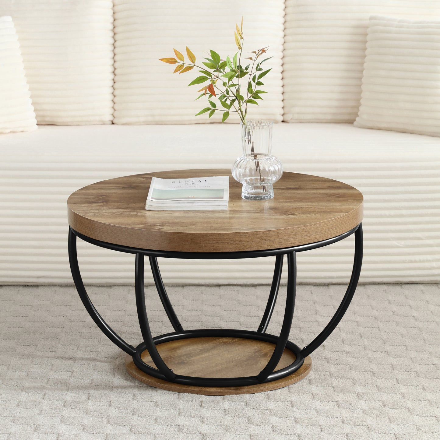 31" Round Industrial Coffee Table with 2-Tier Storage Shelves, Modern Wood & Black Metal Accent Center Table for Living Room, Home Office – Easy Assembly