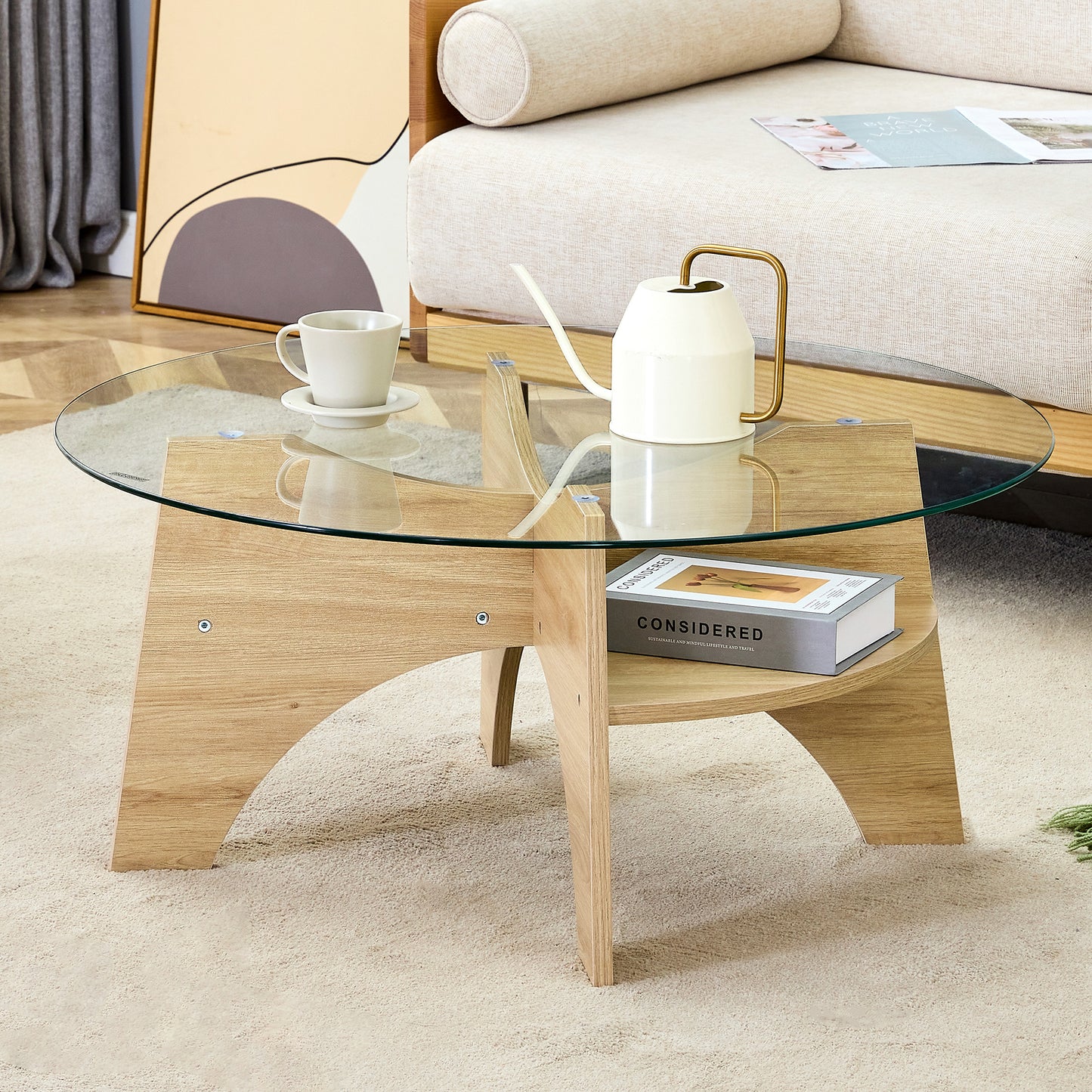 Round Tempered Glass Coffee Table - 31.5" Diameter, Multi-Functional Design.Fan-Shaped Pedestal Design.Round Tempered Glass Tabletop.Suitable for dining rooms, living rooms, offices, and more.