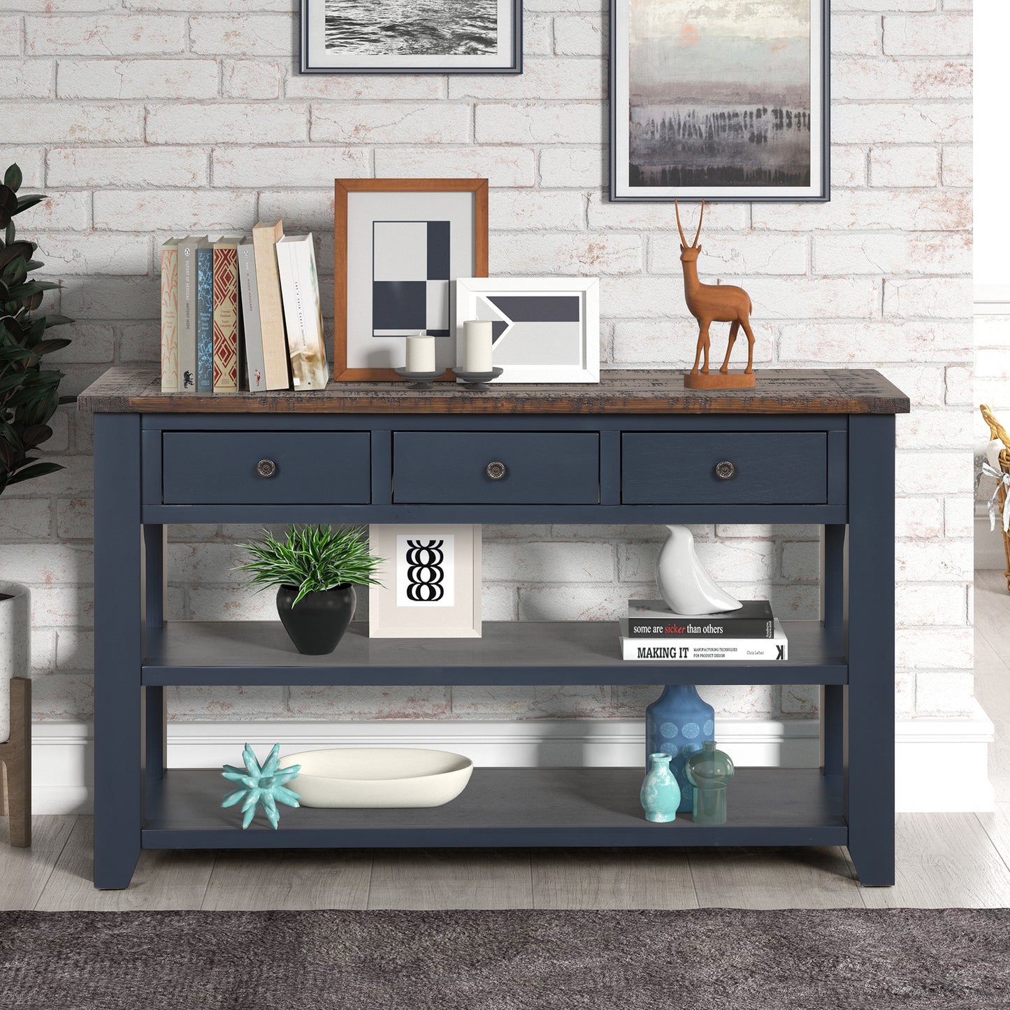 48'' Solid Pine Wood Top Console Table, Modern Entryway Sofa Side Table with 3 Storage Drawers and 2 Shelves. Easy to Assemble (Navy Blue + Brown Top(Old SKU:W120246667