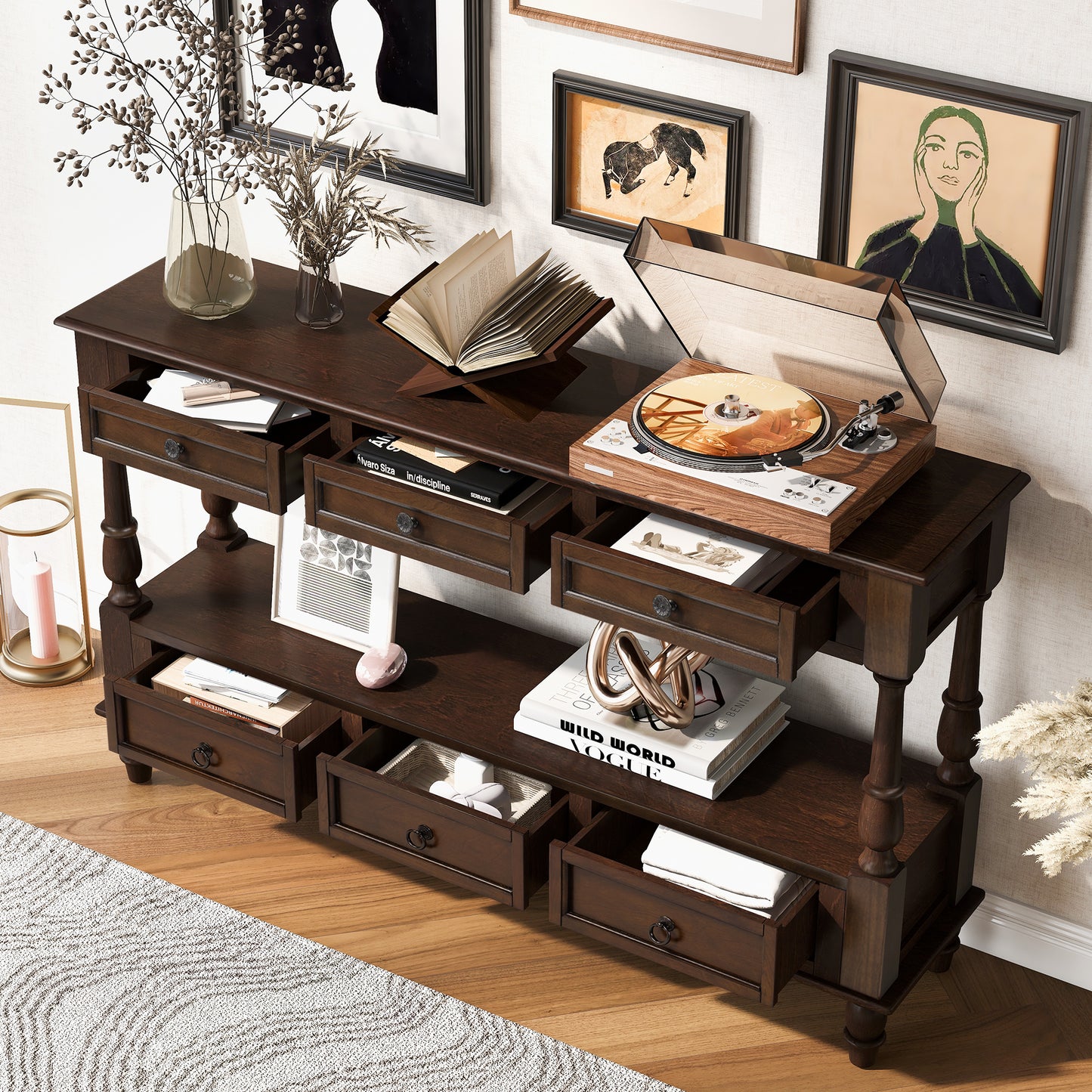 Solid Wood Console Table with 6 Drawers and Shelf, Vintage 54'' 2-Tier Wood Couch Foyer Table for Living Room, Hallway, Entrance (Espresso)