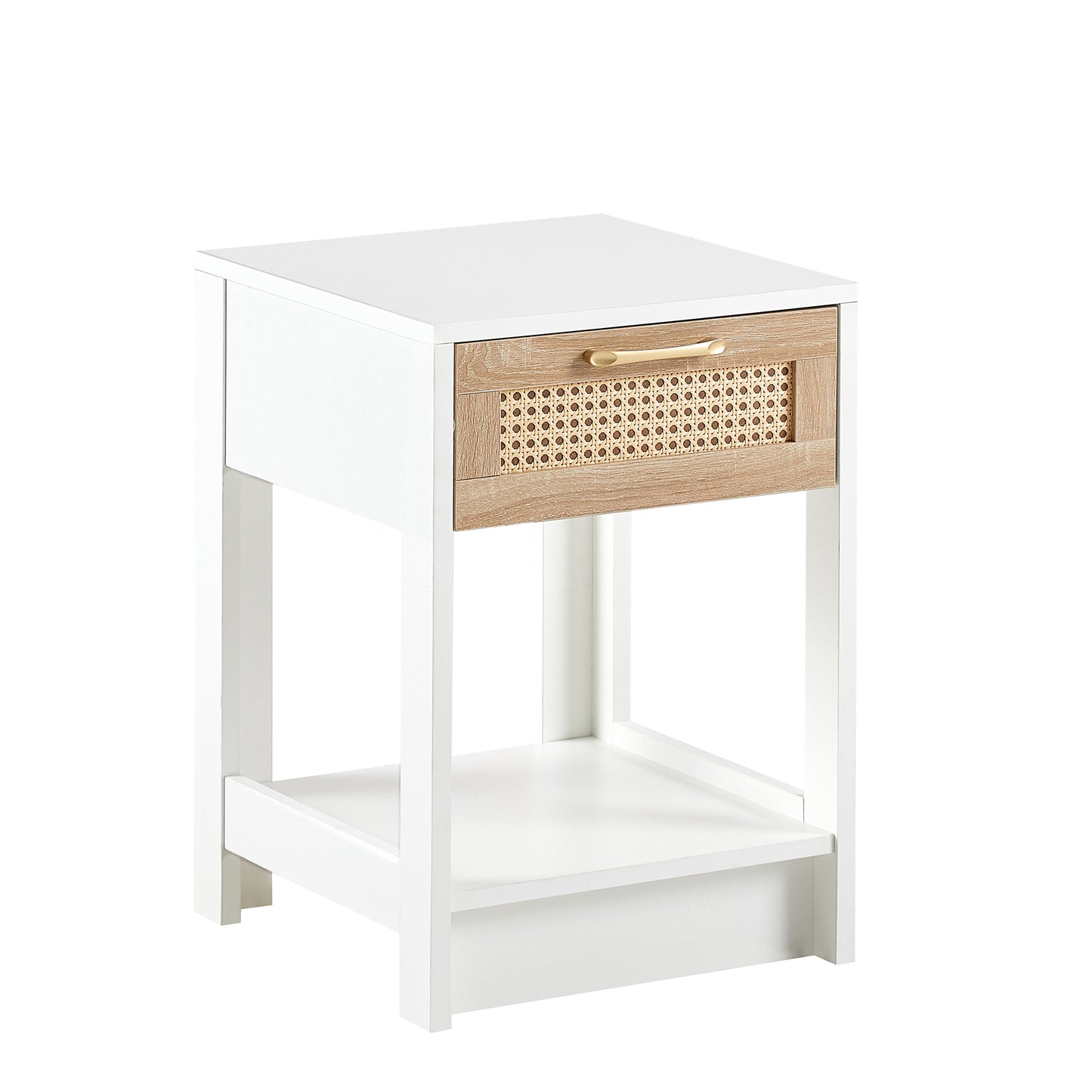 White Rattan End Table with Drawer - Nightstand for Bedroom or Living Room