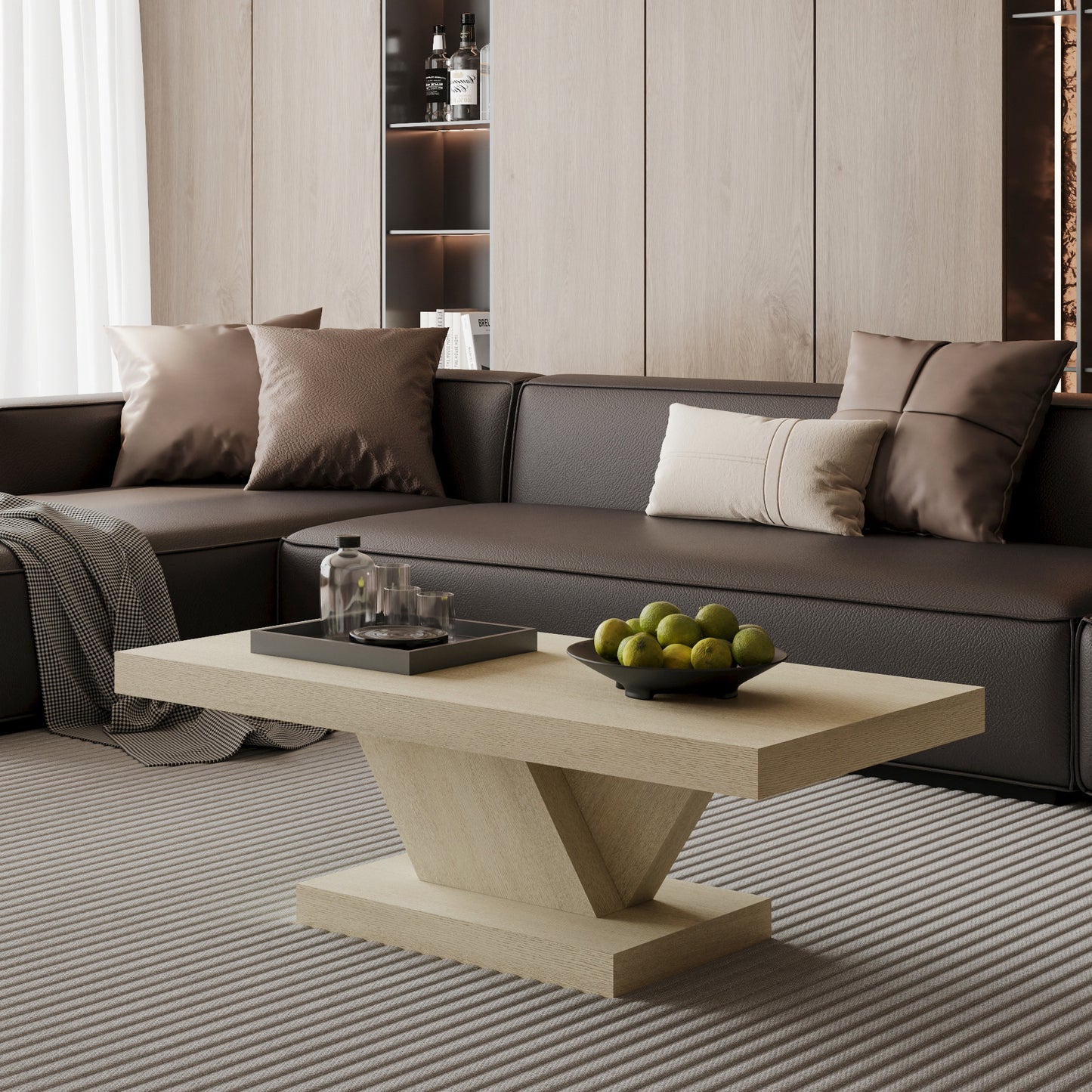 47" Modern Cross Leg Coffee Table, Sturdy X-Shape Design, Solid Wood Veneer, Large Living Room Center Table with Ample Storage Space, Oak Wash