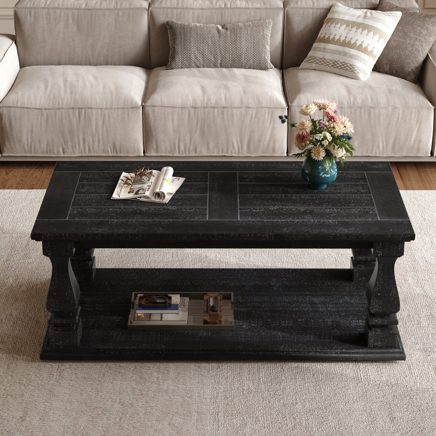 Weathered Black Farmhouse Coffee Table, Crafted with Heavy Planked Top & Square Baluster Legs, 47.24" Long Rustic Living Room
Table with Storage Shelf