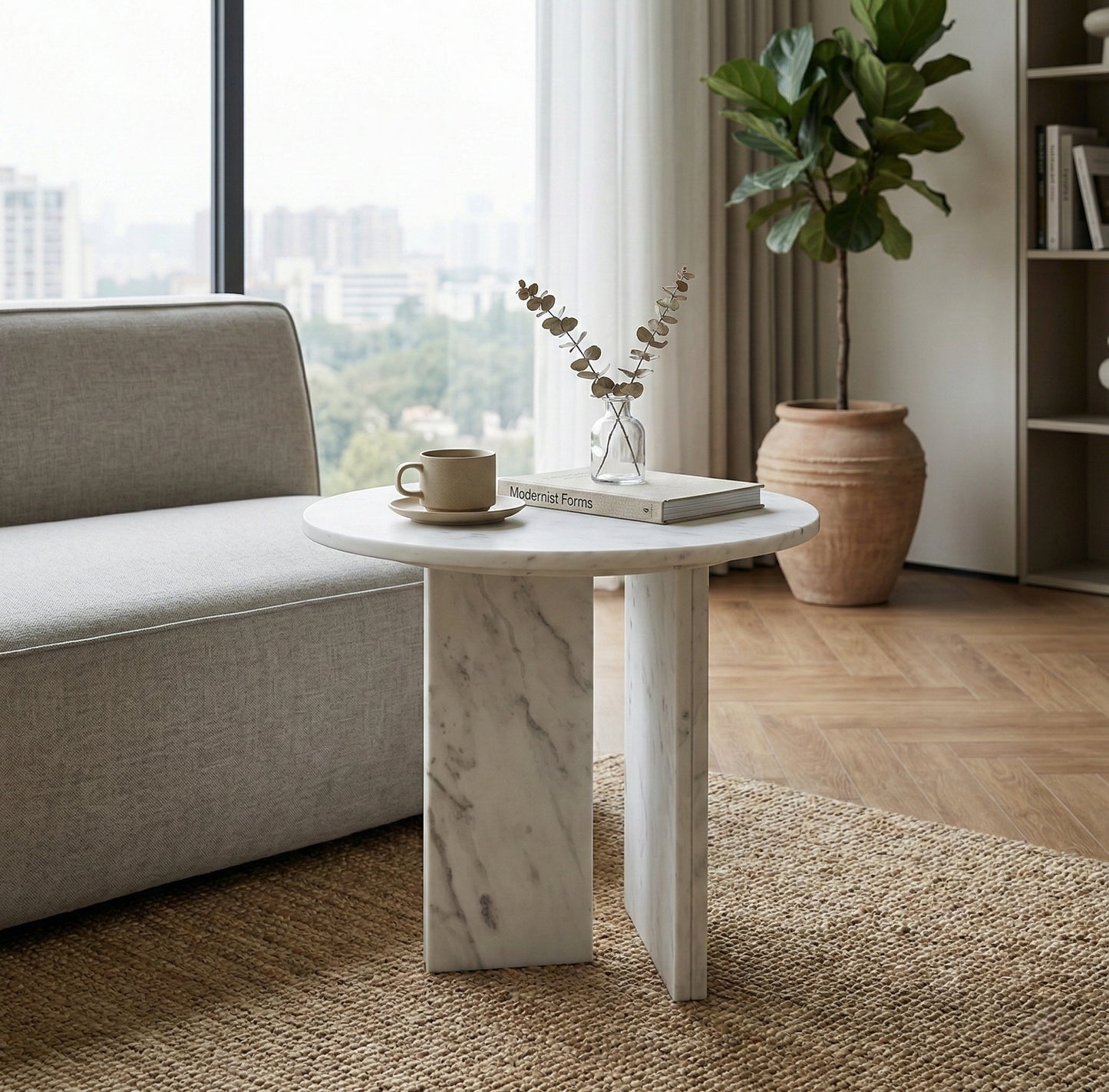 White natural marble Semi-Polished Round Accent Table, Side Table, small table, Ø17.7 h15.8 Inch/Ø45 h40 cm, genuine marble, real marble