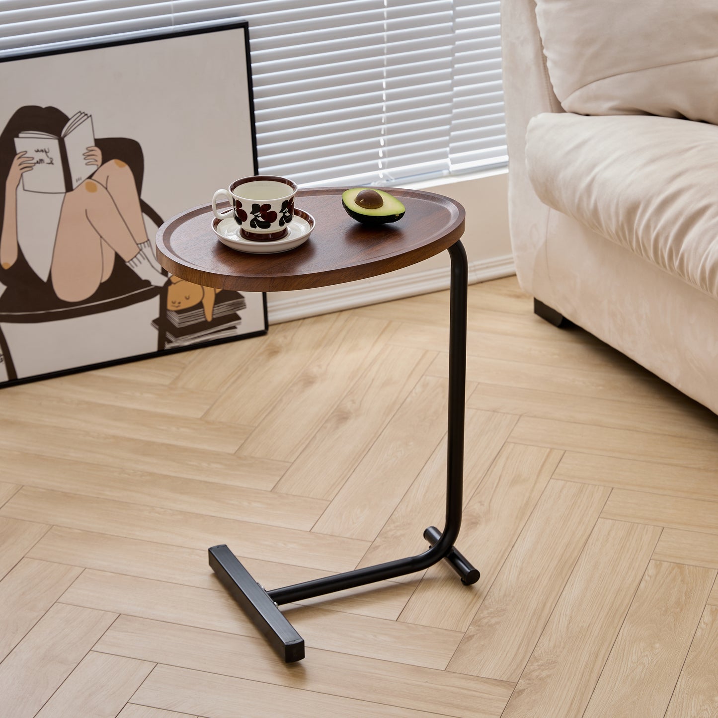 Brown C-shaped Side Table, Small Sofa Table for Living room