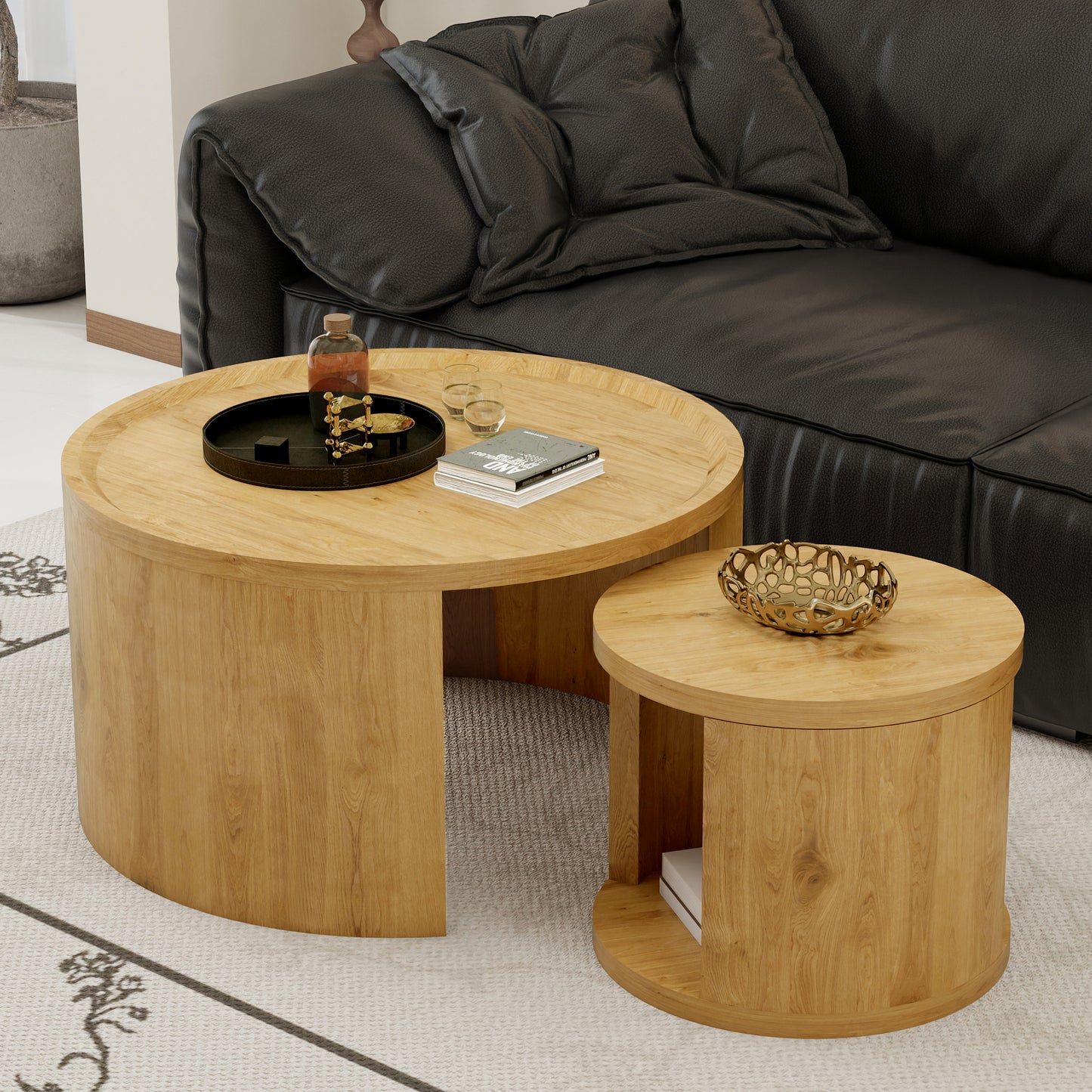 Round Nesting Coffee Table Set of 2 Modern Low Tables, 31.5" Big 18" Small Stacking Side Table with Wood Top, Minimalist Center Table for Living Room Bedroom Small Space