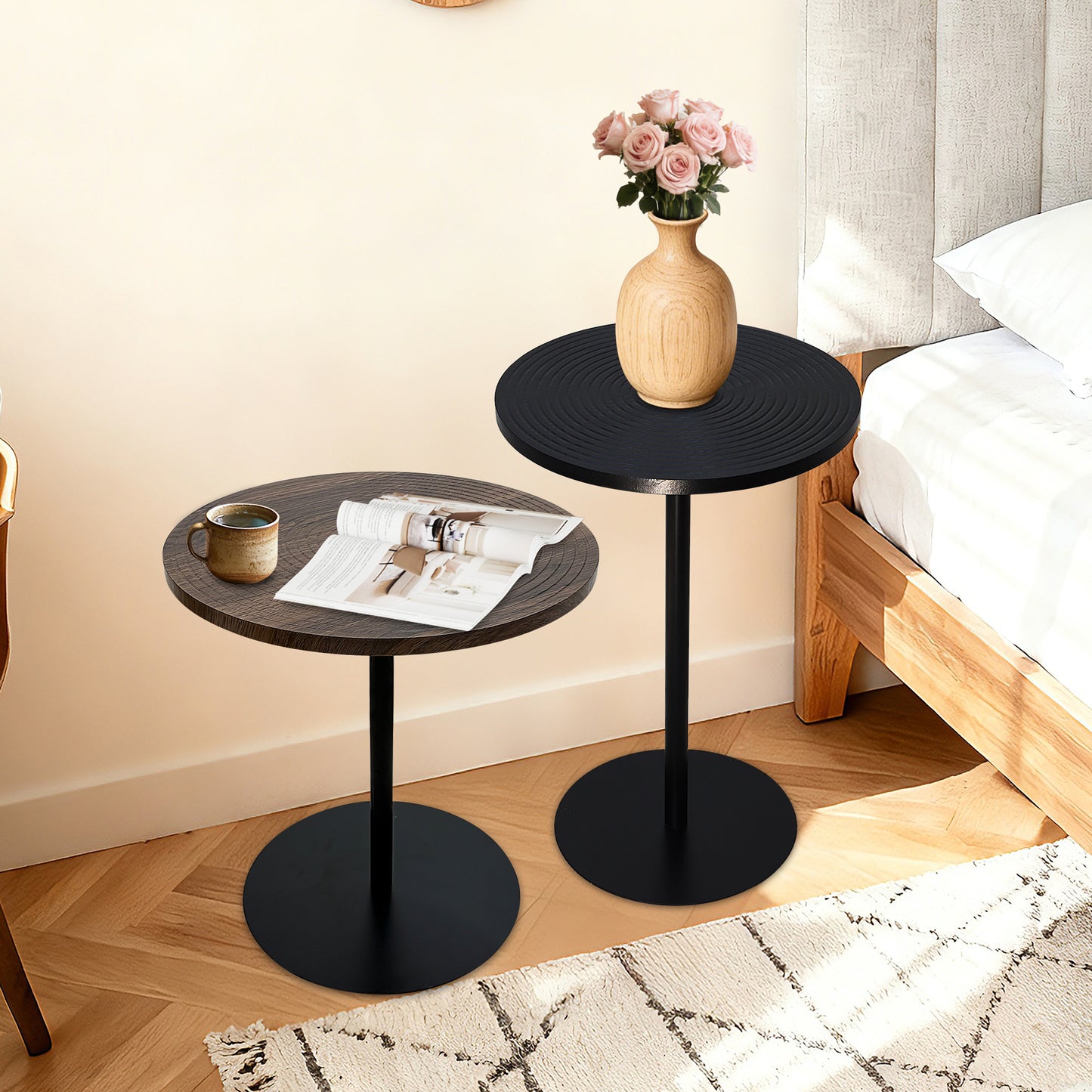Set of 2 Small Round Side Table Wooden Concentric Circles Coffee Table for Two Metal Pedestal Nightstand for Corner Small Space (Walnut Brown & Black)