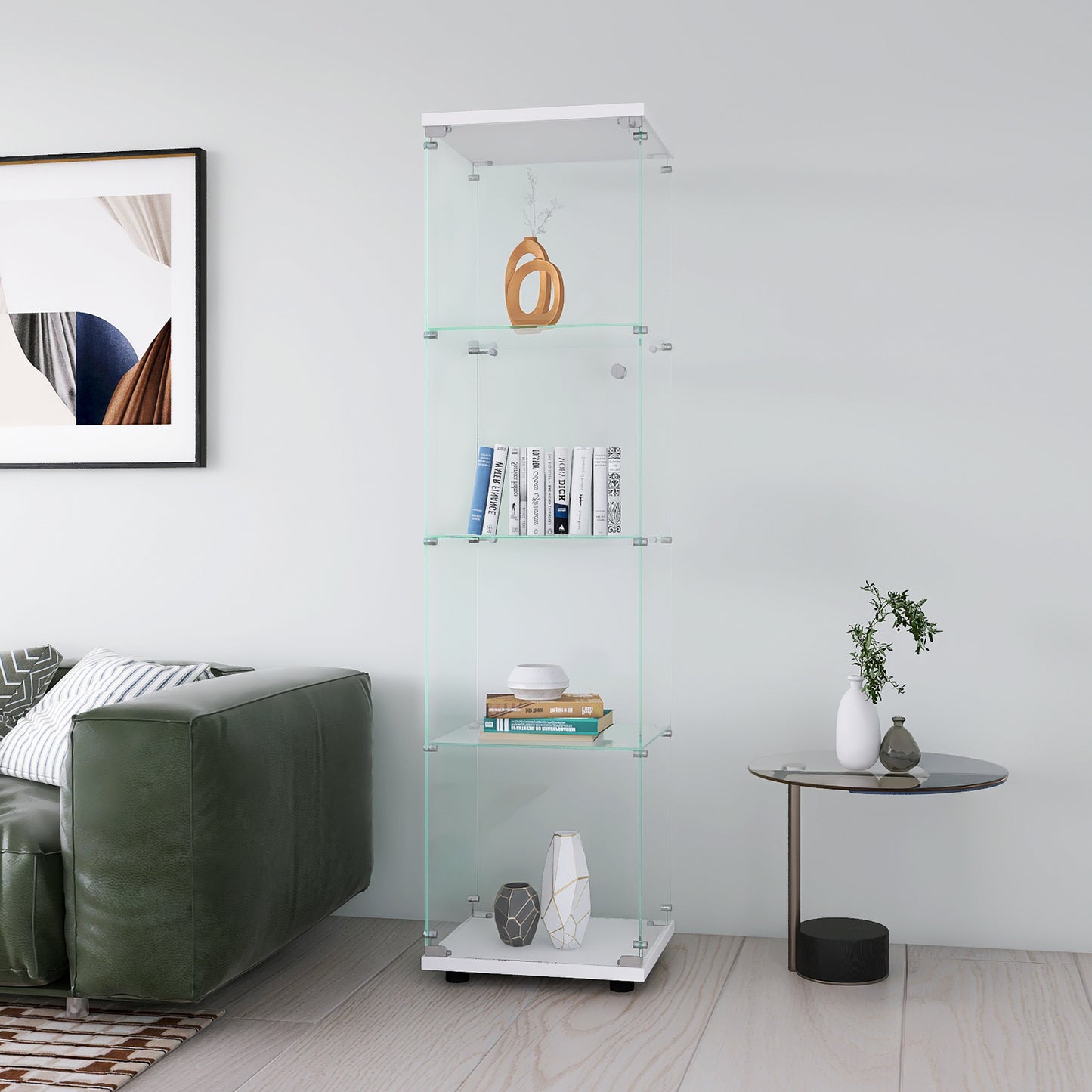 Glass Display Cabinet 4 Shelves with Door, Floor Standing Curio Bookshelf for Living Room Bedroom Office, 64.7"*16.7"*14.3"
white