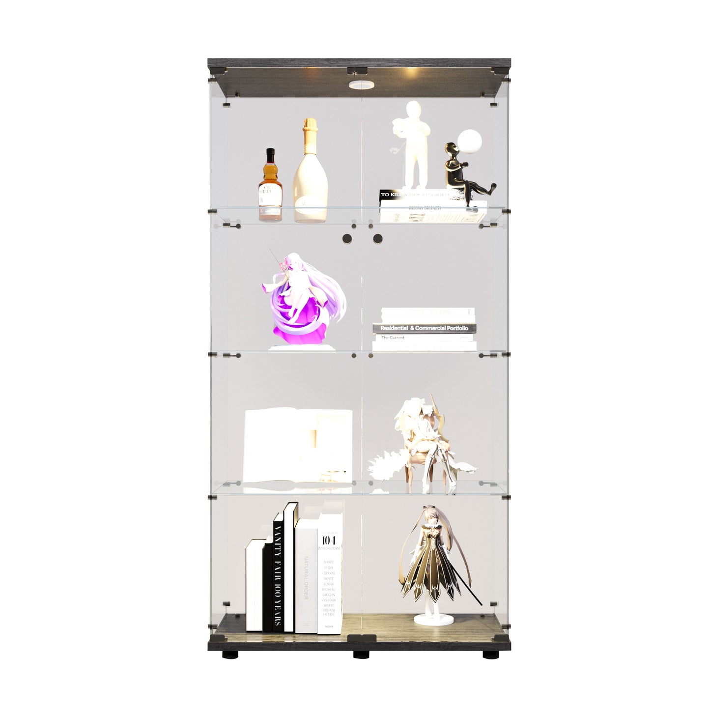 Two-door LED lights Glass Display Cabinet 4 Shelves with Door, Floor Standing Curio Bookshelf for Living Room Bedroom Office, 64.7"*31.7"*14.3",Black