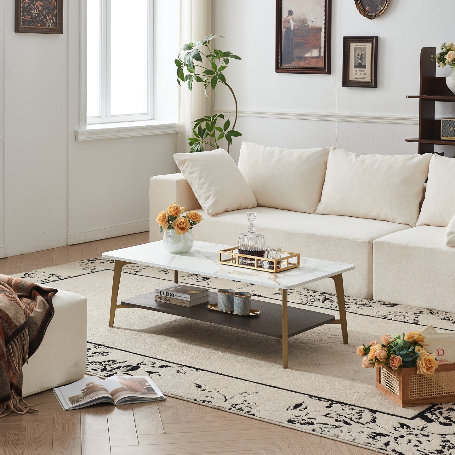Coffee Table Rectangular Center Table for Living Room Open Space Side Table with Metal Frame