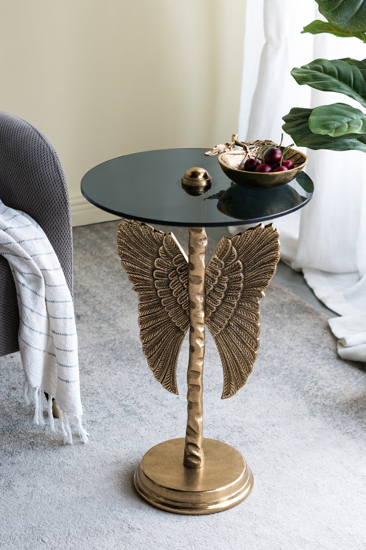 15.5x15.5x24" Round Top Accent Table With Gold Angel Wing Design