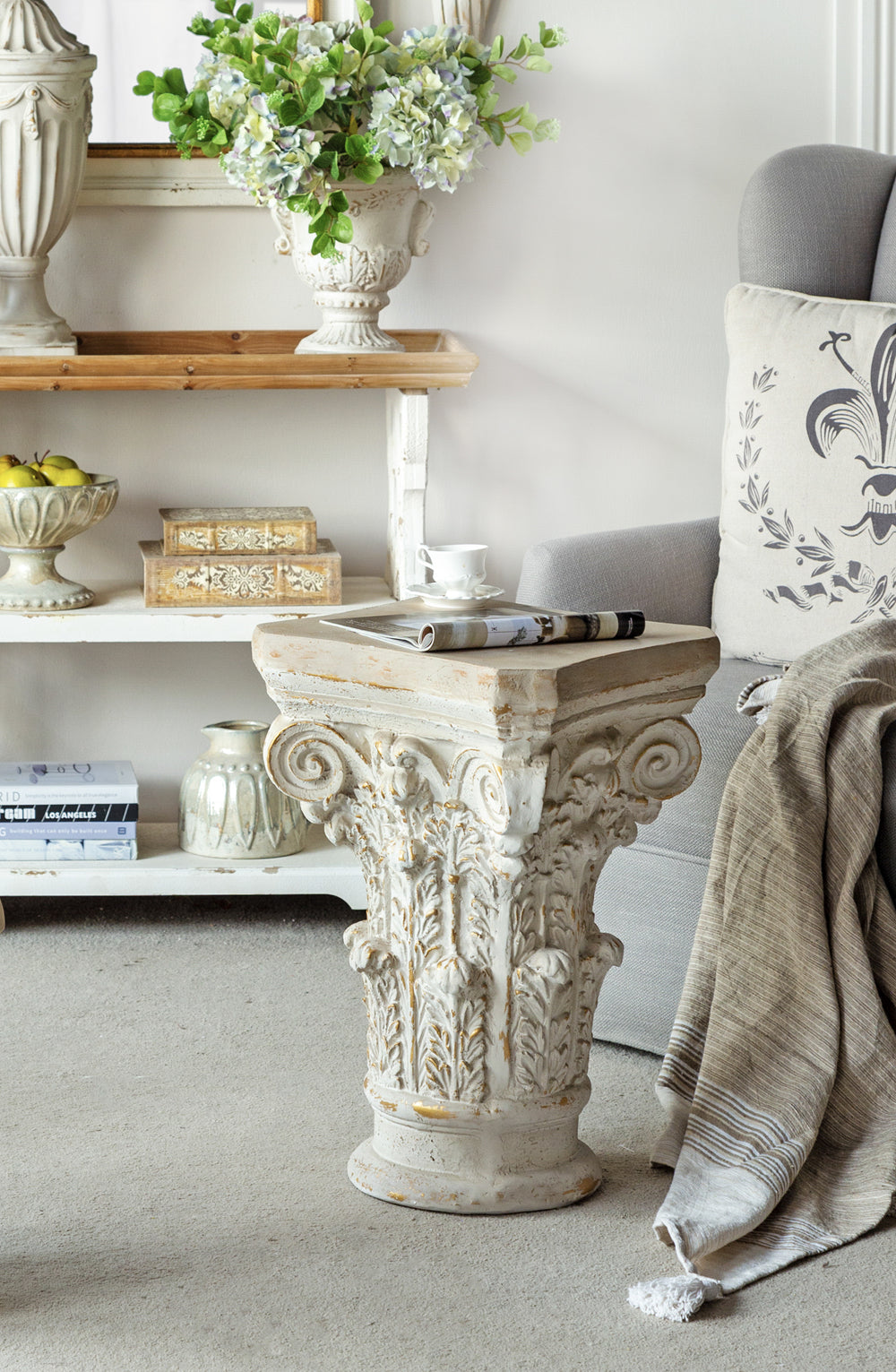 16x16x24.5" Ornate White Pedestal Stand with Scrollwork Design and Gold Accents, Distressed Display Stand