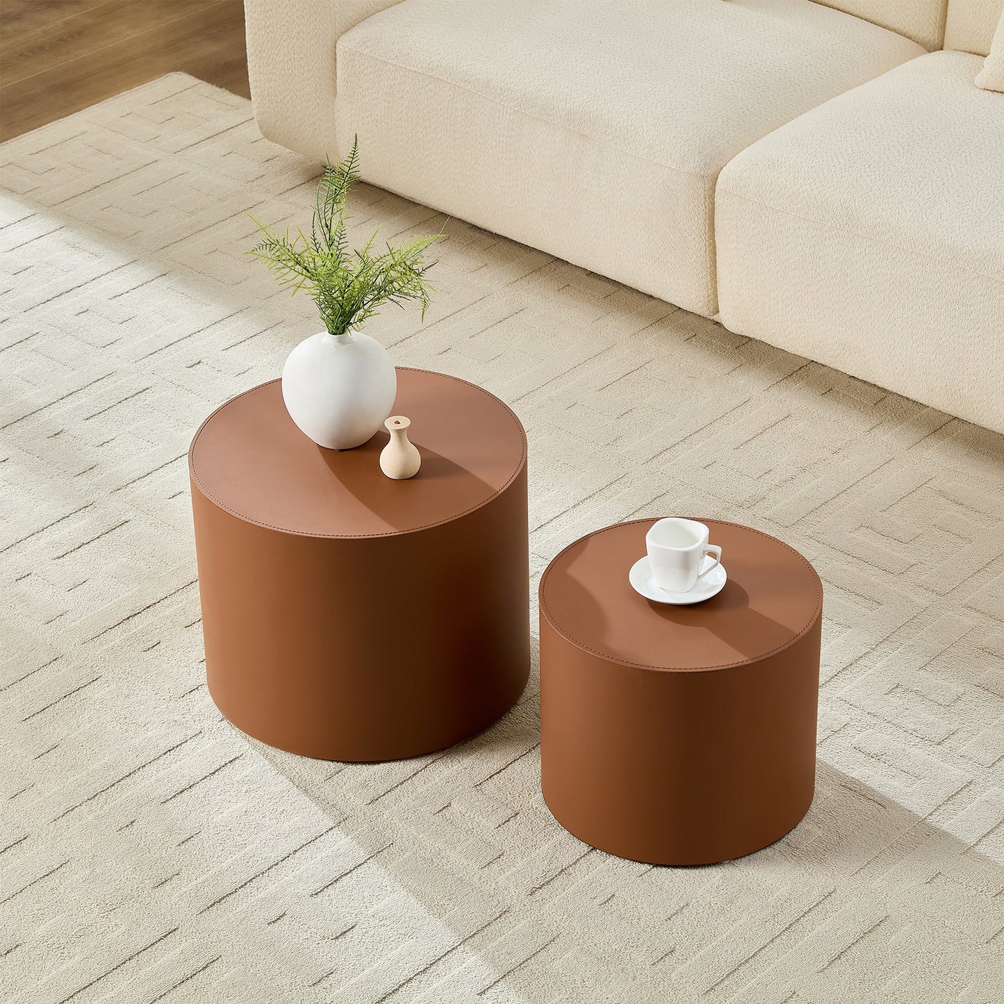 Modern Brown MDF Saddle Leather Table – Compact Sizes, Great for Living Room Decor & Daily Use