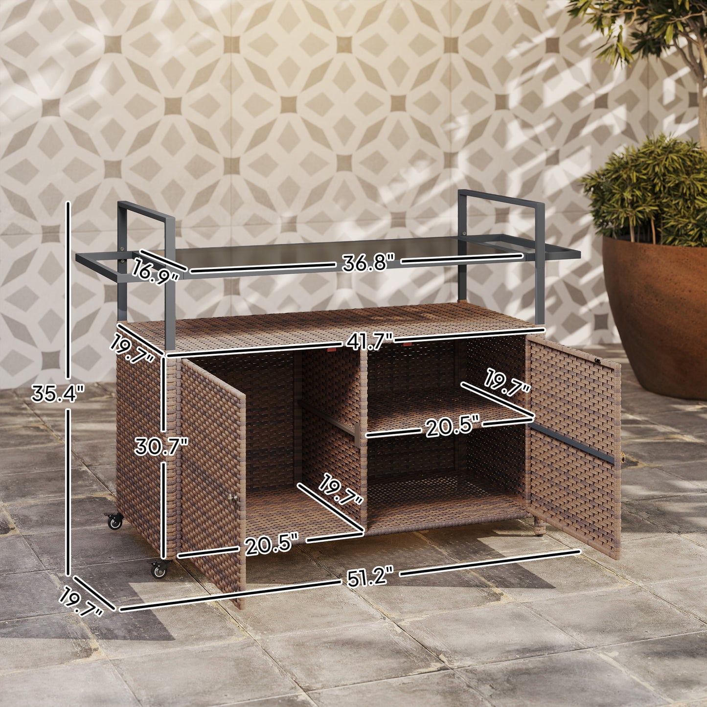 Brown Steel Outdoor Bar Cart with Glass Top for Garden Entertaining