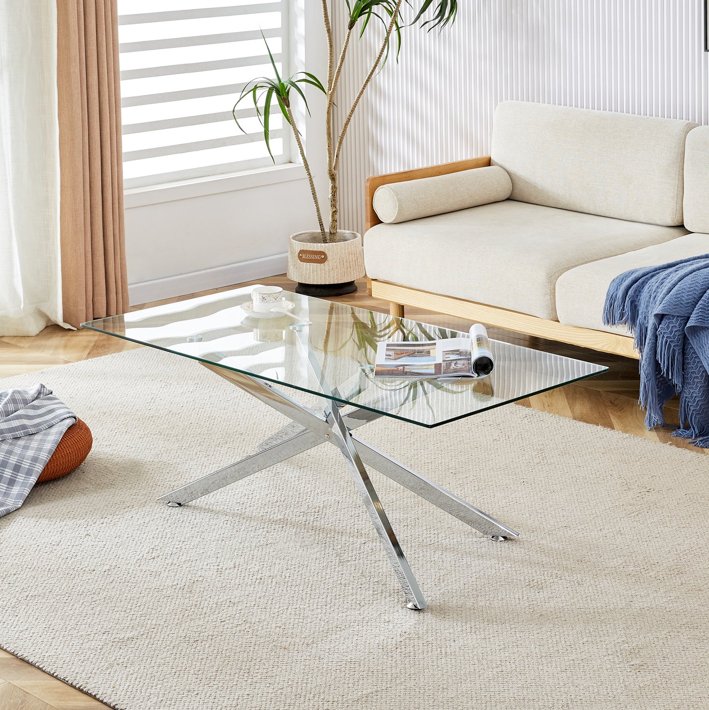 47.2" Rectangular Clear Tempered Glass Coffee Table,Stylish Design with Silver Chrome Plated Metal Legs, Coffee Table for Living Room
