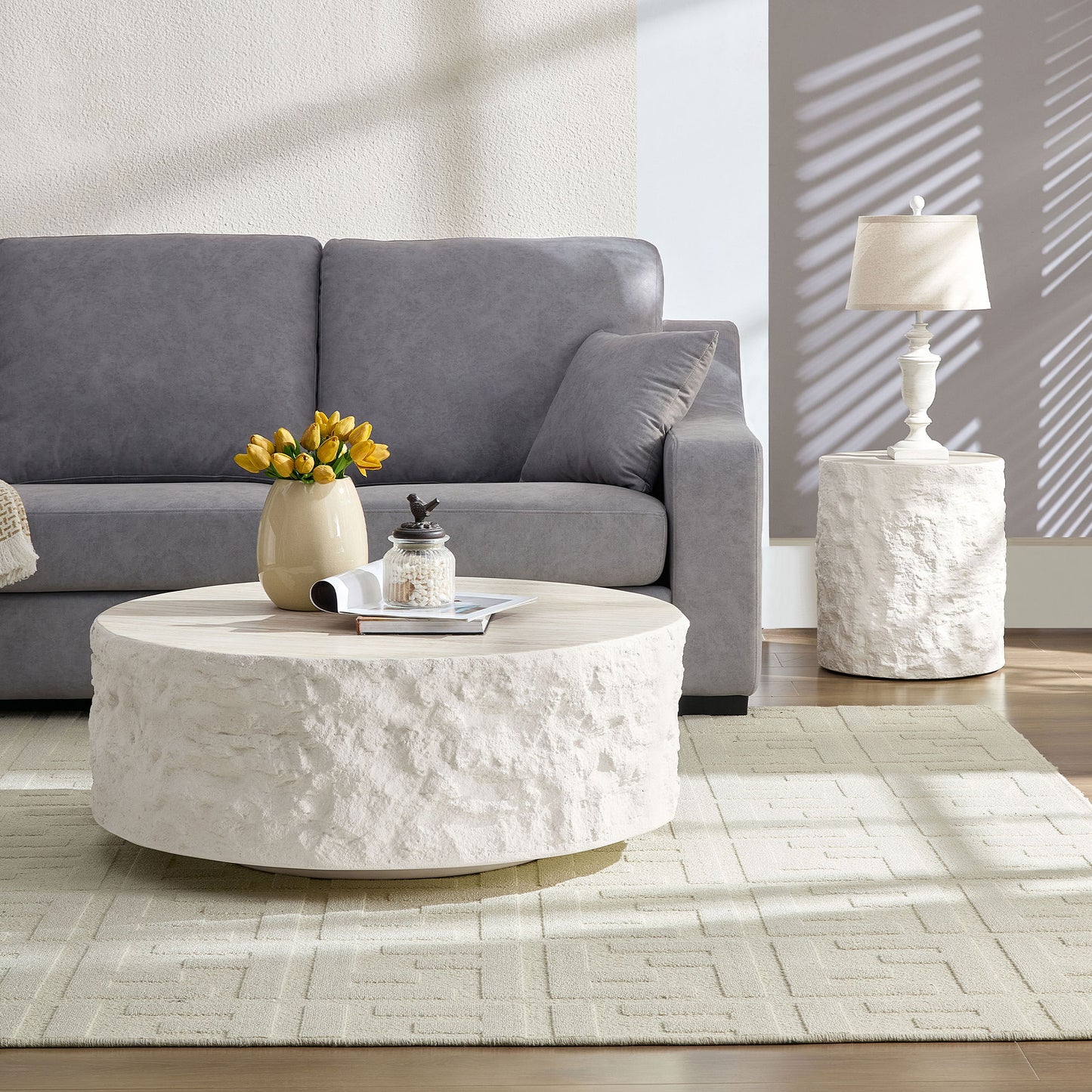 Beige Fiberglass Round Coffee Table with No Assembly for Living Room