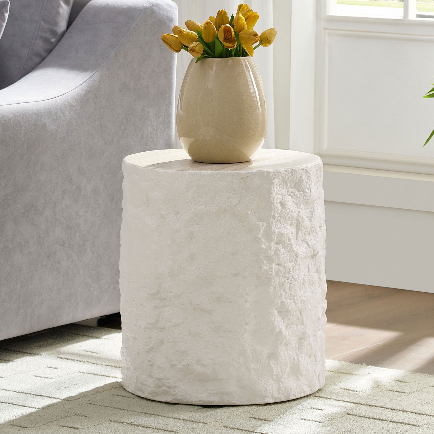 15.75 Inch Side Table,Round Fiberglass Coffee Table for Living Room,Bedroom,Modern Design Imitation Stone End Table for Apartment,No Need Assembly,Beige