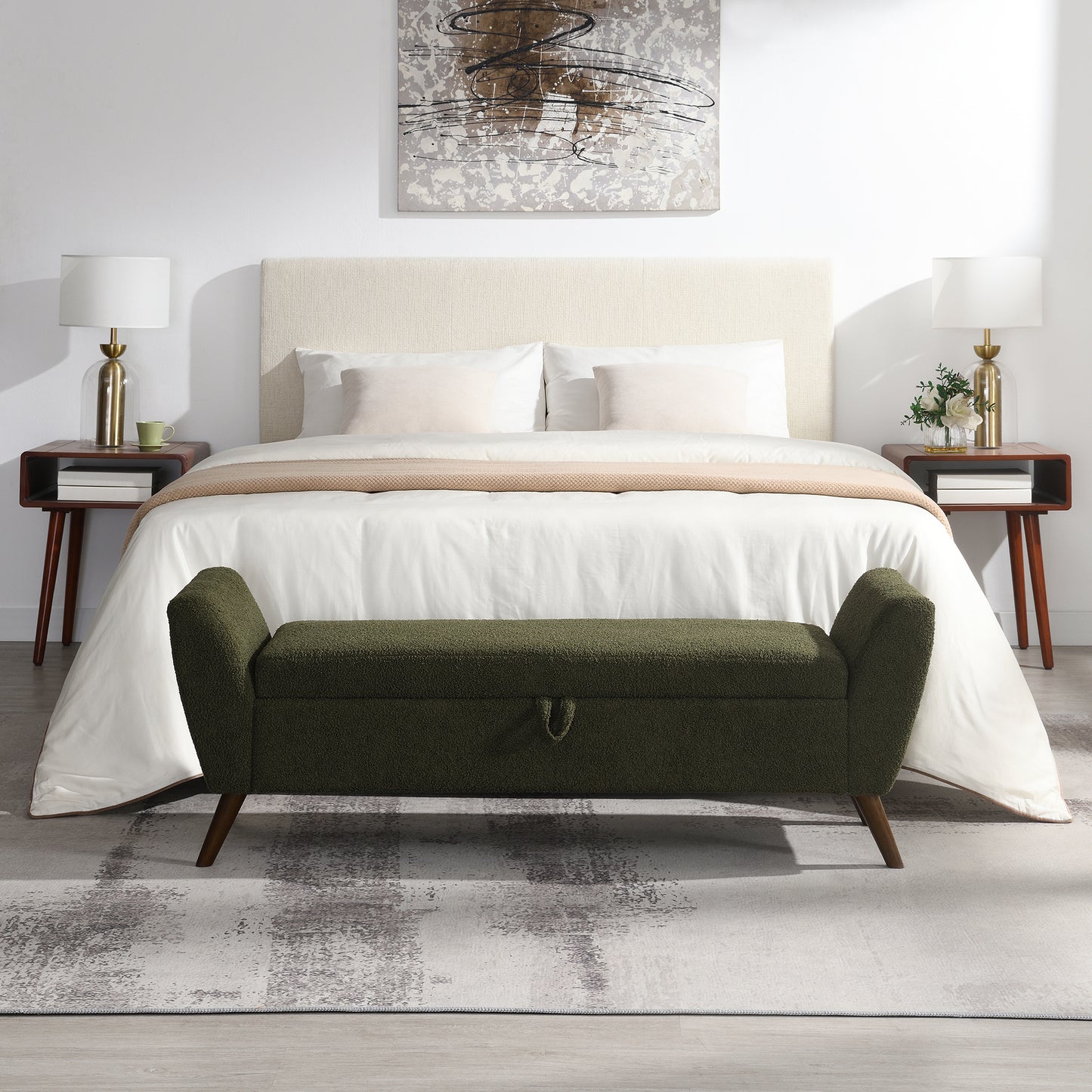 60'' Modern Storage Bench with Mid-Centruy Wood Legs,Bench with Storage for Living Room & Bedroom,Comfort Padded - Teddy Olive Green