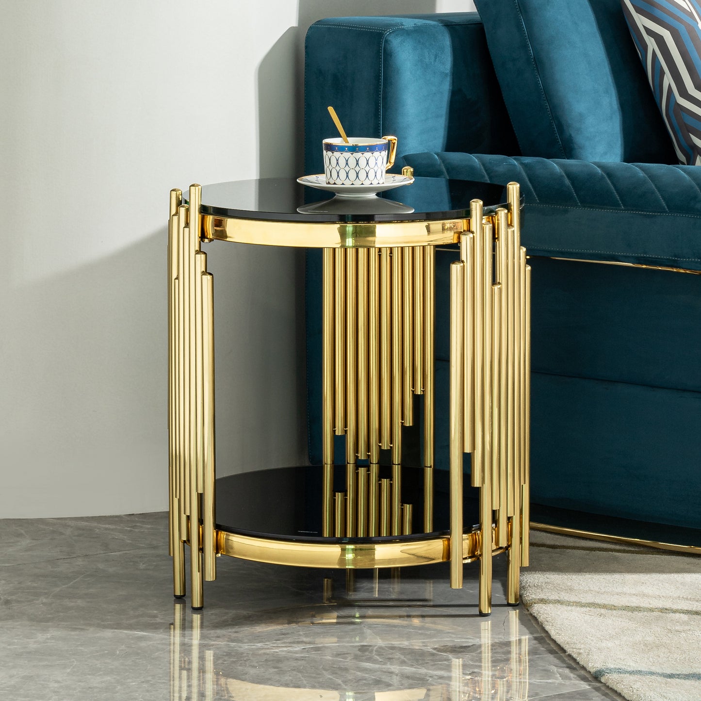 Luxury Round End Table with 2-Tier Black Tempered Glass Top and Gold Stainless Steel Frame, Modern Side Table for Living Room, Bedroom, Office, or Café
