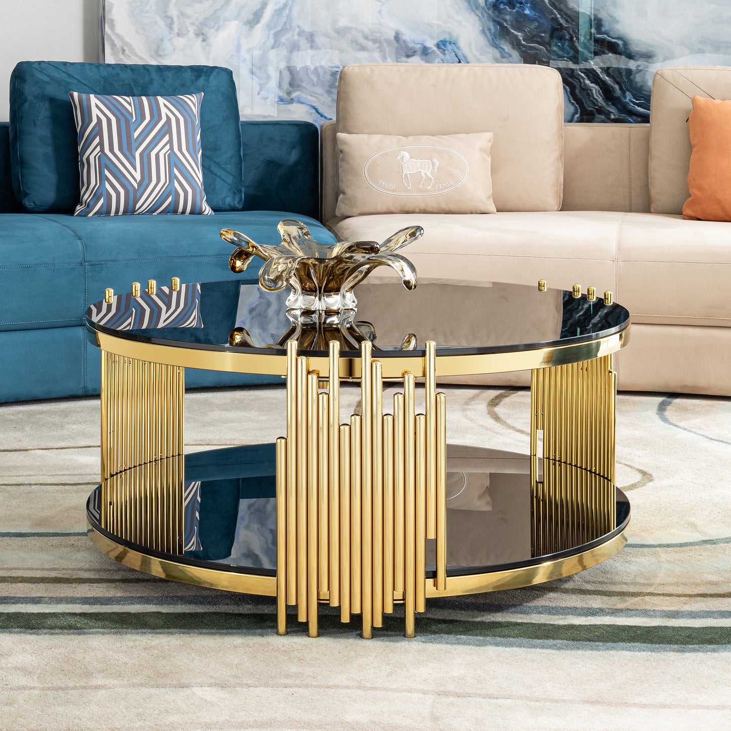 Modern Coffee Table - Double-Layer Tempered Black Glass & Gold Stainless Steel Frame Living Room Table L 31.5 x W 31.5 x H 17.72 Inches easy assembly