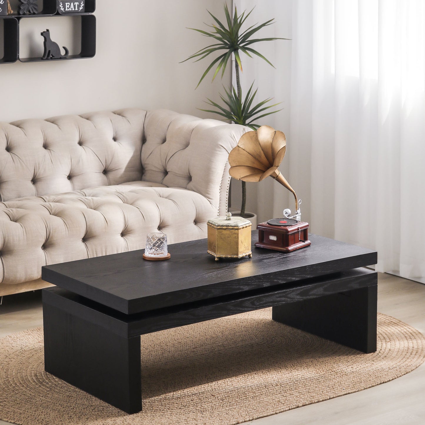 Modern Black Wood Coffee Table – Sleek Floating Top Design for Living Room 47.6" L* 23.6" W * 16.3" H