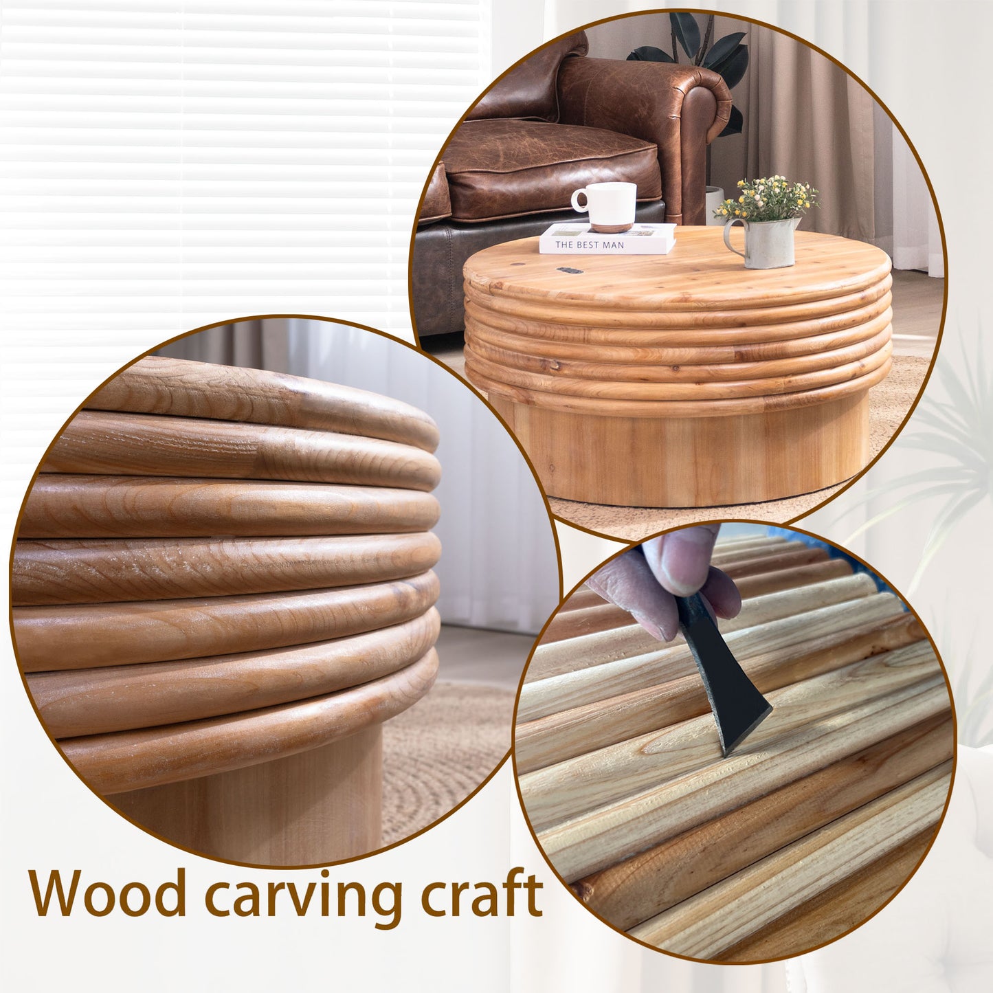 30.3" Round Engineered Wood Coffee Table with Storage