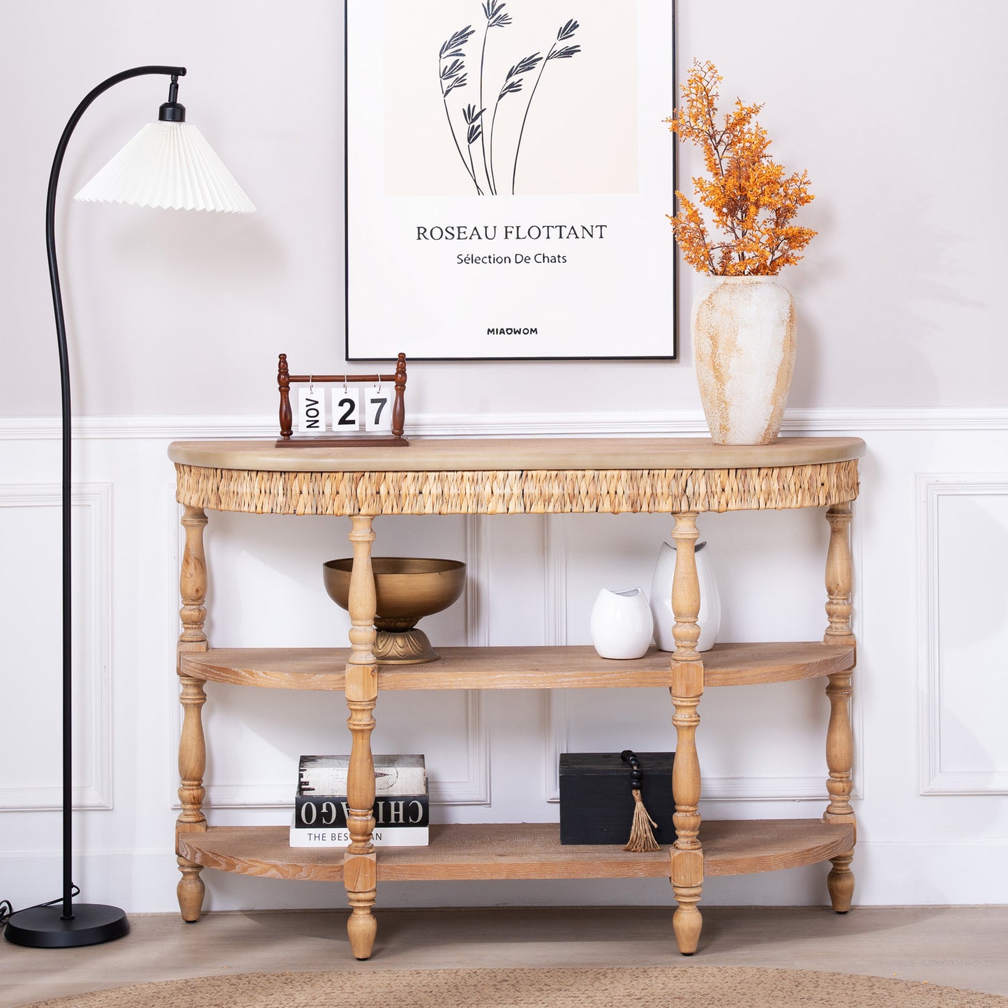 Handcrafted Wood Console Table with Hand-Woven Trim, 3-Tier Storage Shelves, Oval Entryway Table with Carved Legs, Rustic Coastal Farmhouse Accent Table, 49" Hallway Sofa Table