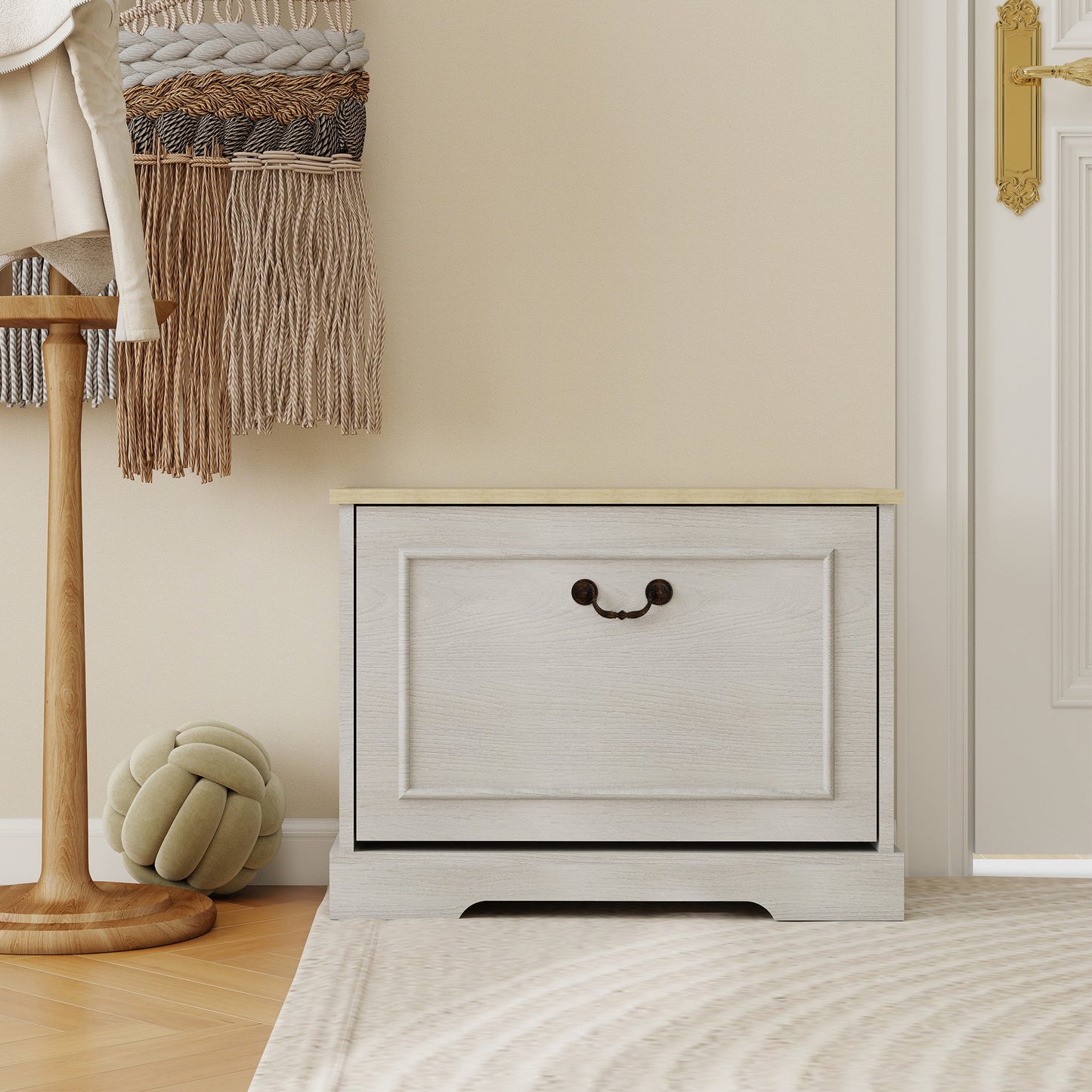 Shoe Storage Bench with 1 Flip Drawer and Adjustable Shelf, Small Shoe Cabinet for Entryway, Hallway, Bedroom-Antique White