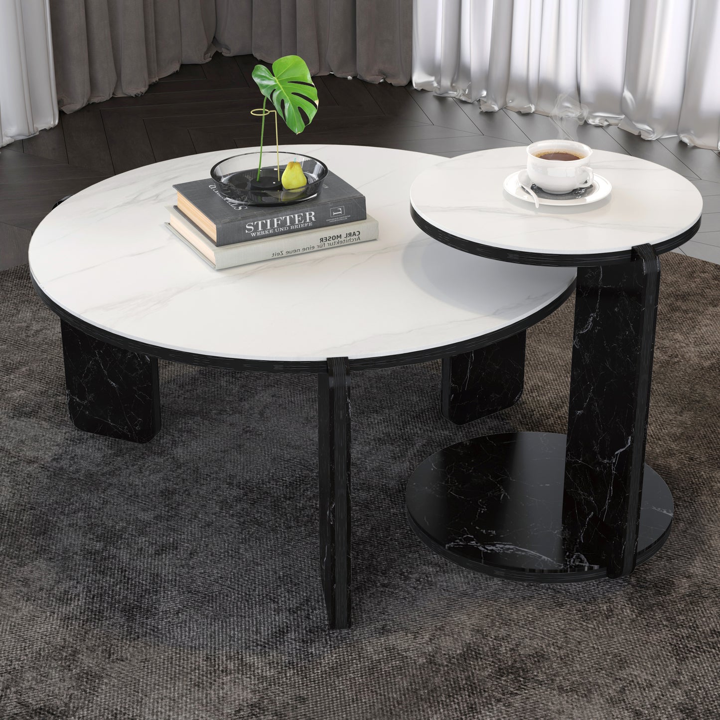 Set of 2 Round Nesting Coffee Table for Small Place, living room end table with white sintered stone top, 32.68" + 16.93" diameter Side Table Night Stand for Bed Room Dining Room, 83+ 43 cm sofa table