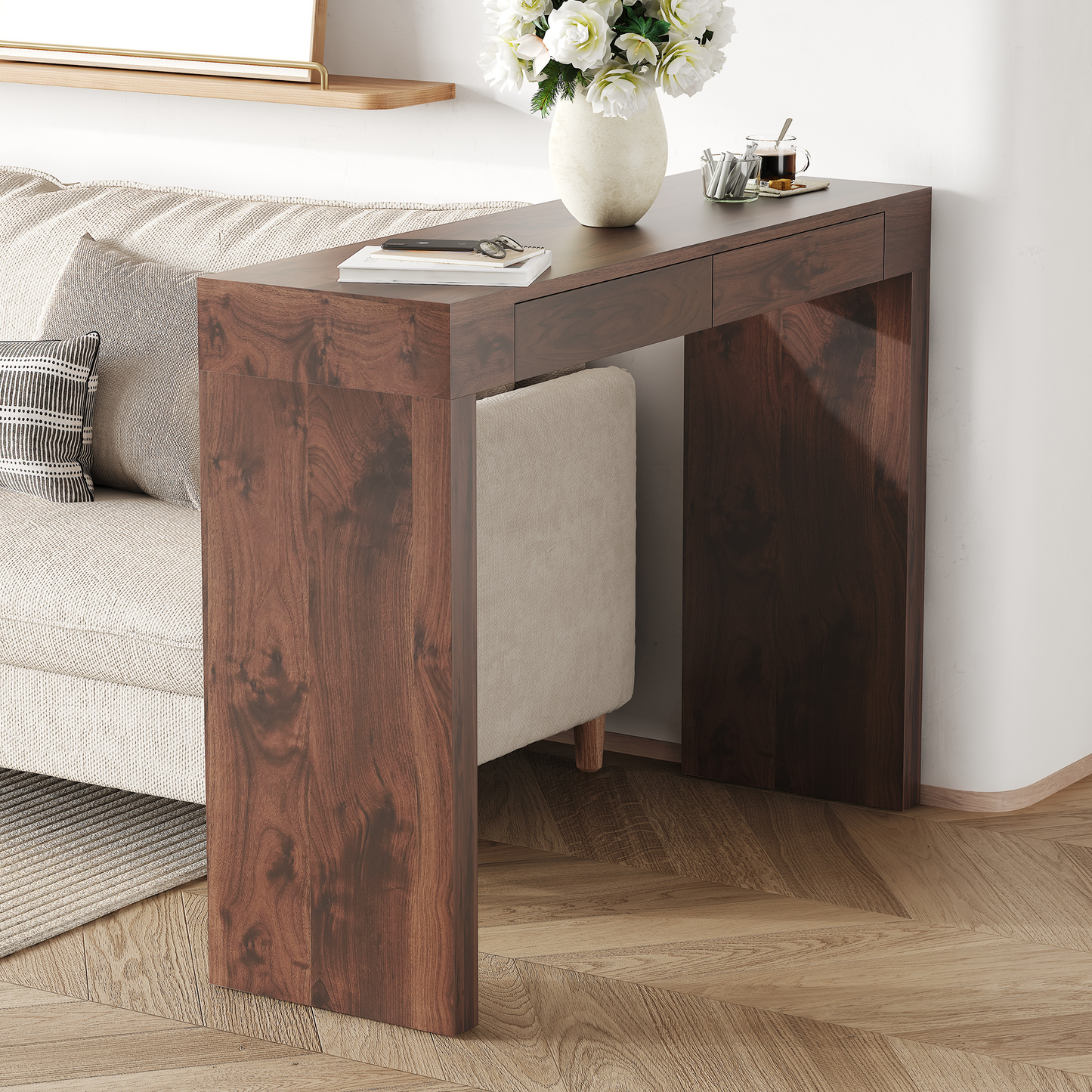 Walnut MDF Bar Table with Storage Drawers - 50x15.3" for Living Room