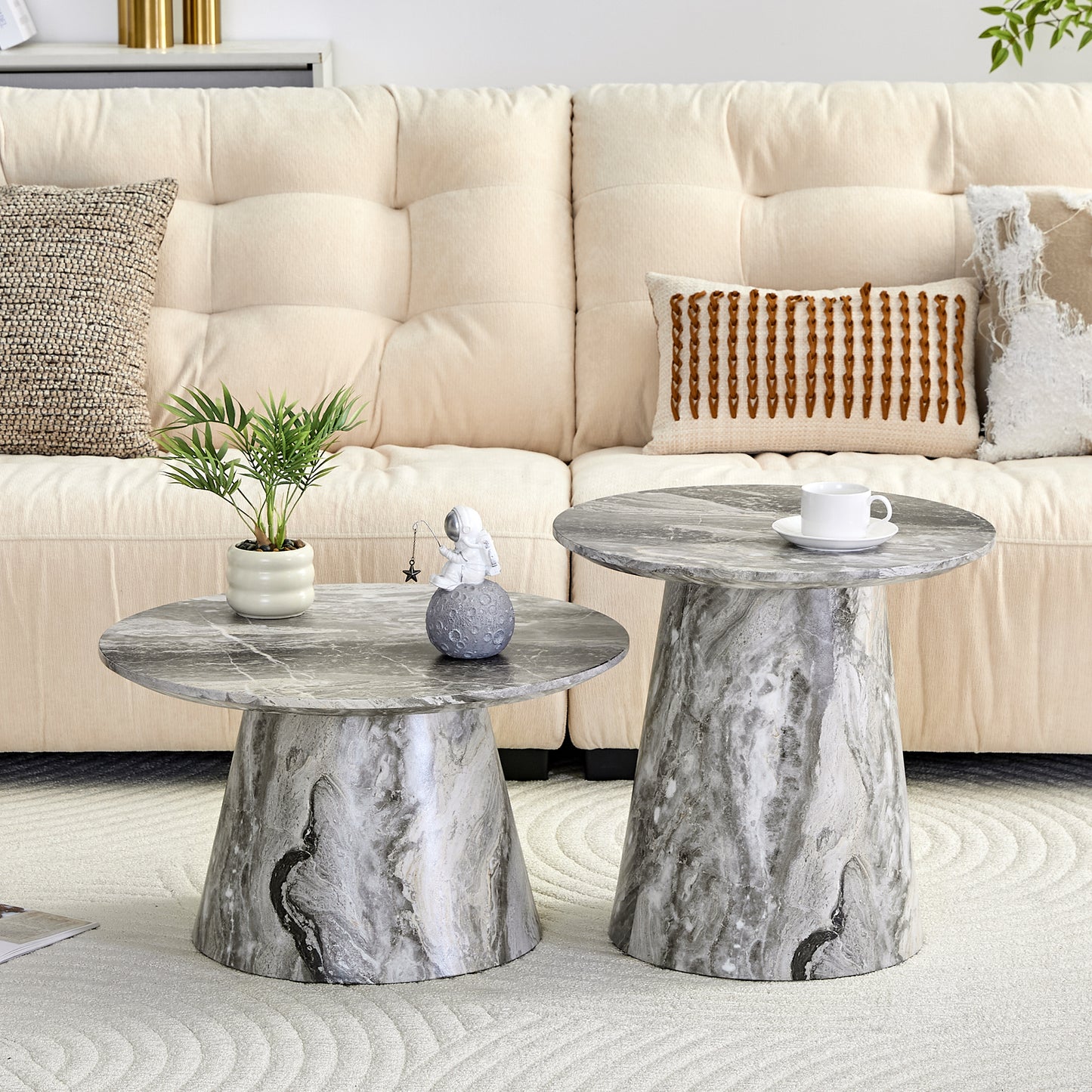 Nested coffee table, medieval-modern style coffee table, featuring grey veneer, classic round coffee table and side table set, simple living room, office center table
