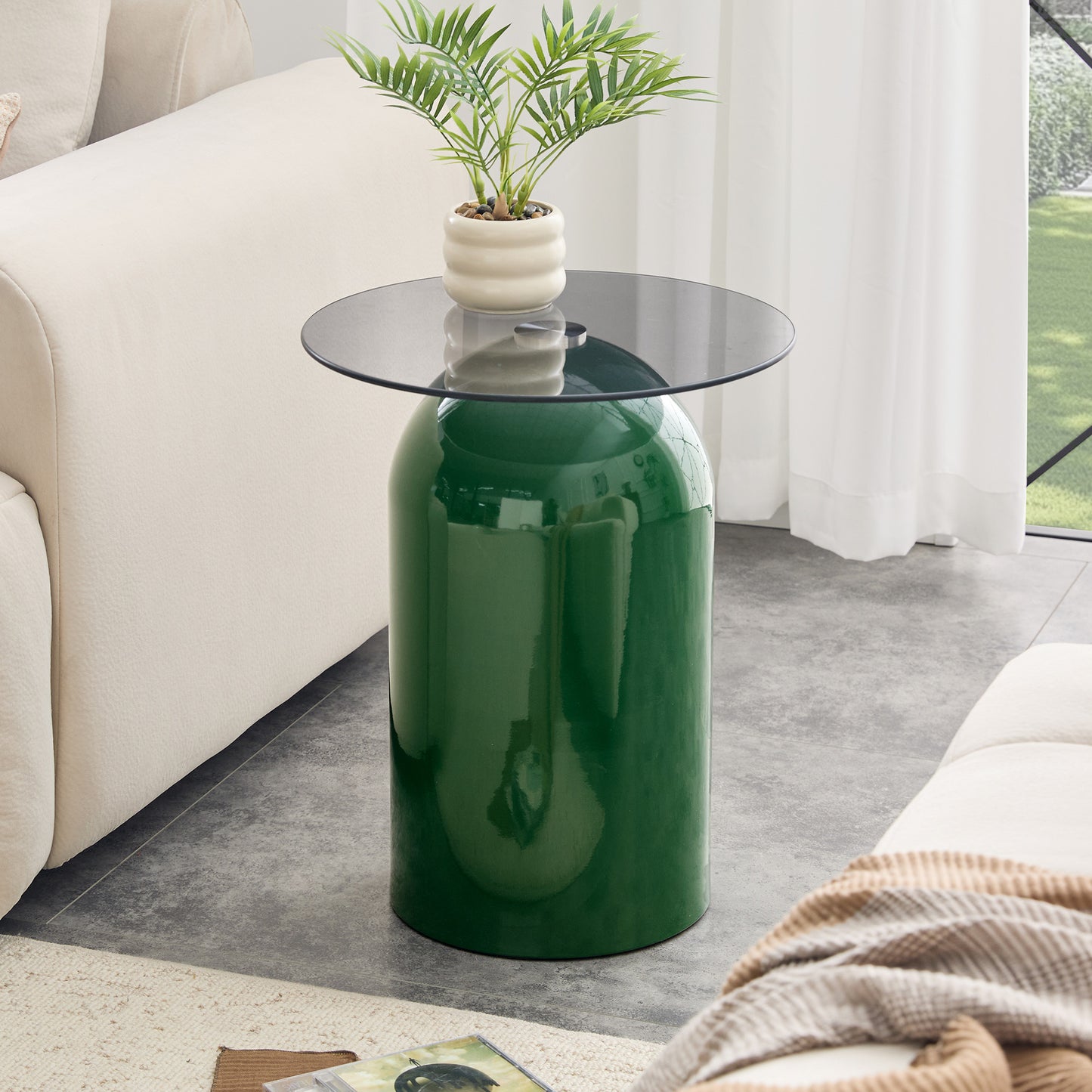 Small Coffee Table,Round Center Table,Modern Glass Coffee Table,Small Mid Century Coffee Table,Tempered Glass Top,for Living Room, Patio, Study Room,Office,Hotel(Green,19.6 *15.7 *10.6in)