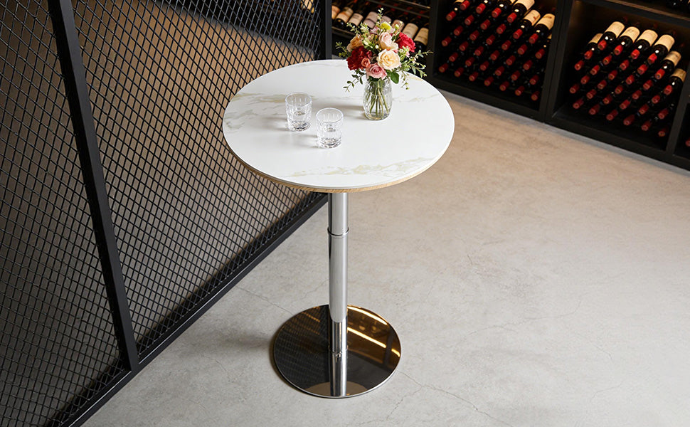 39 Inch Round Sintered Stone Bar Table - White+Silver for Living Room