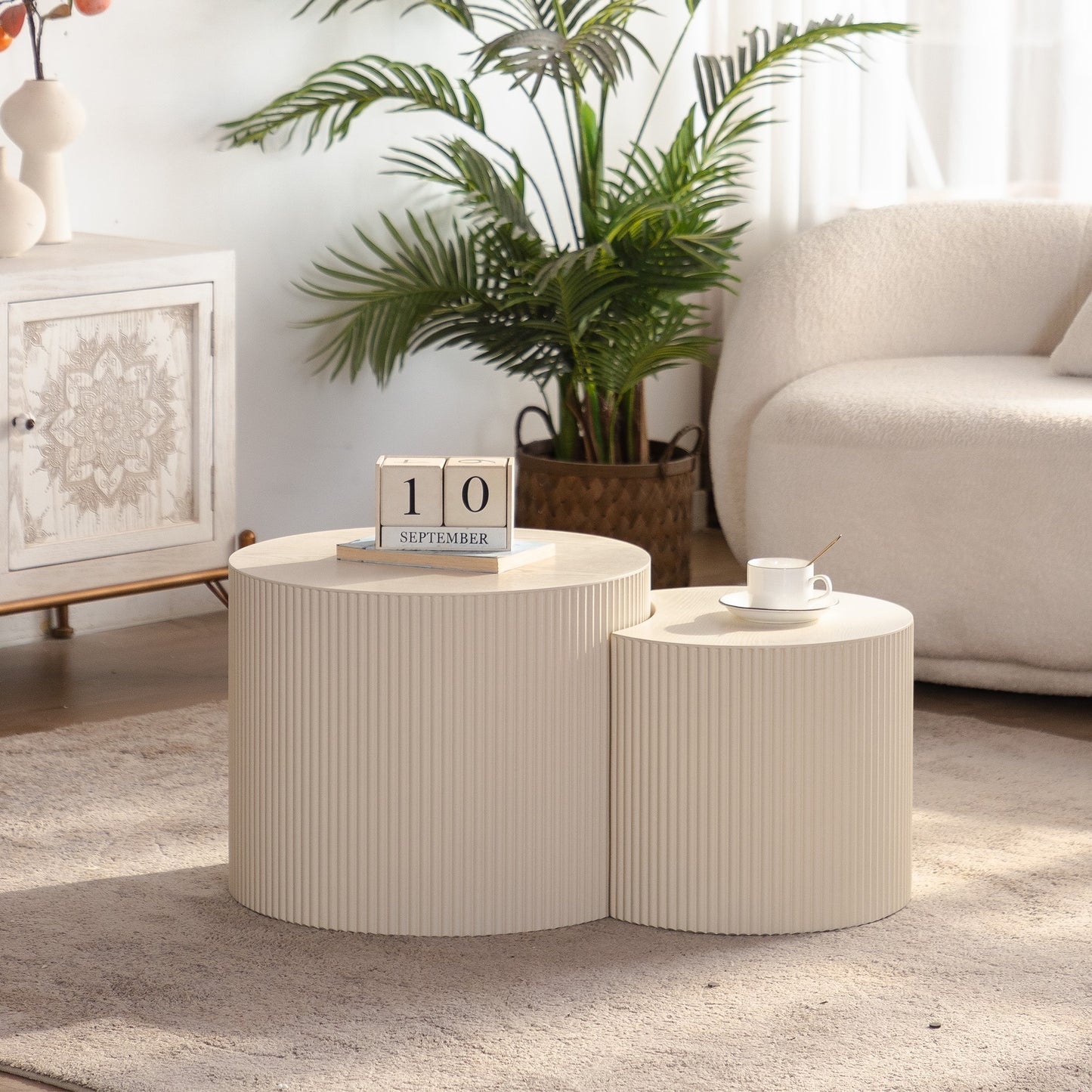 Round Wood Coffee Table for Living Room for Small Space Apartment and No Need Assembly