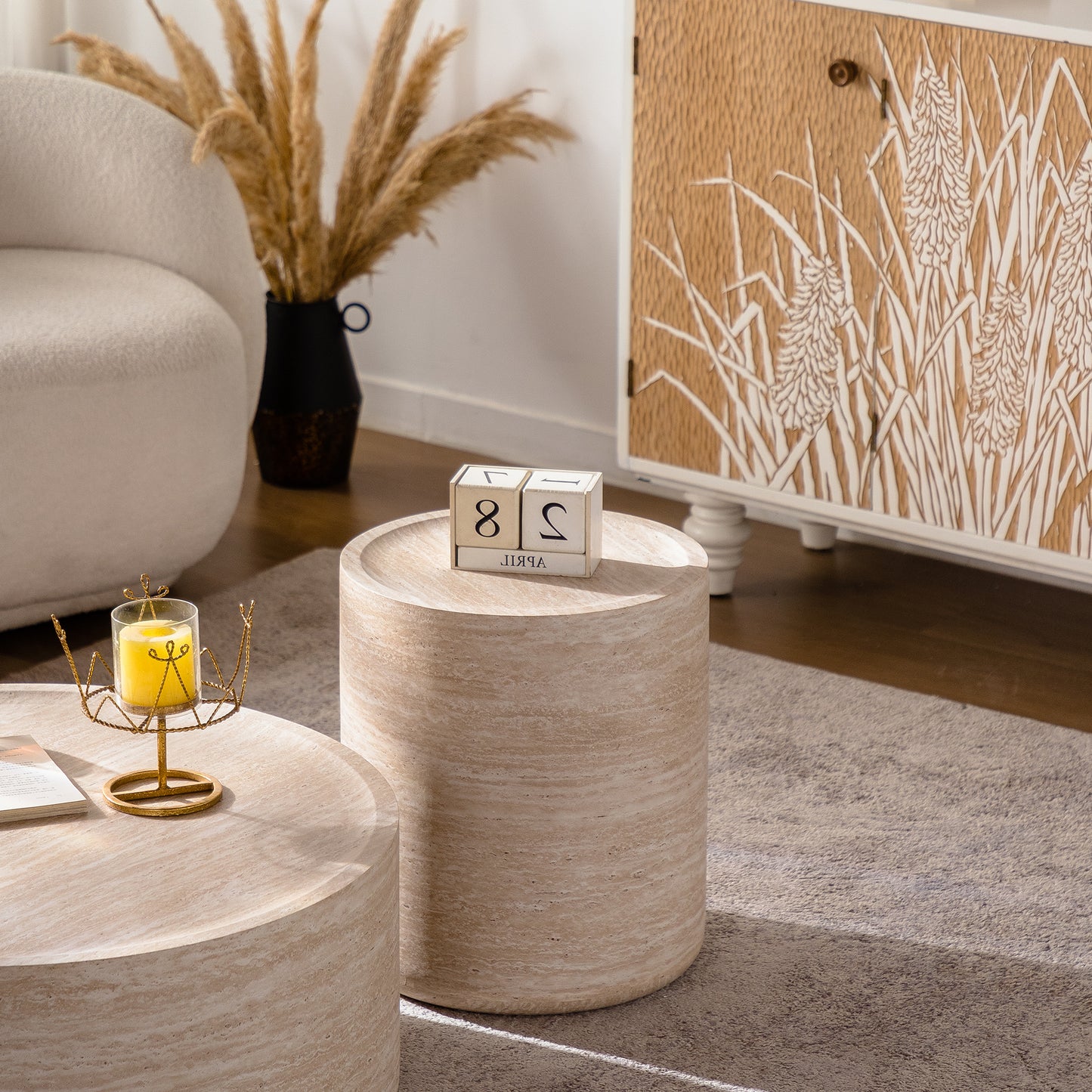 Round End Table with Mars Pattern for Living Room, Modern Drum Circle Side Table for Small Spaces, Nightstand Sofa Table for Bedroom, No Need Assembly (Mars Pattern)