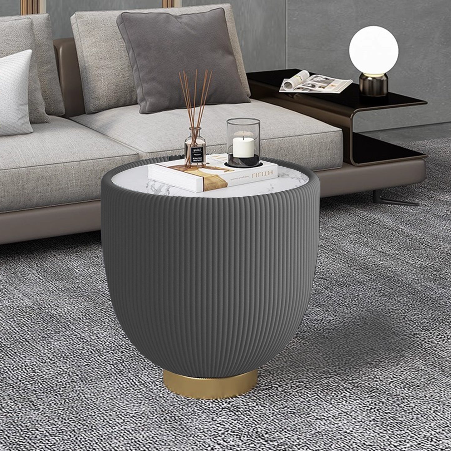Modern Round Sintered stone Pattern Tabletop Leather Edge Sofa End Table with Metal Base,Luxurious Side Table for Home Decor Living Room
(Each tabletop has a unique grey pattern)