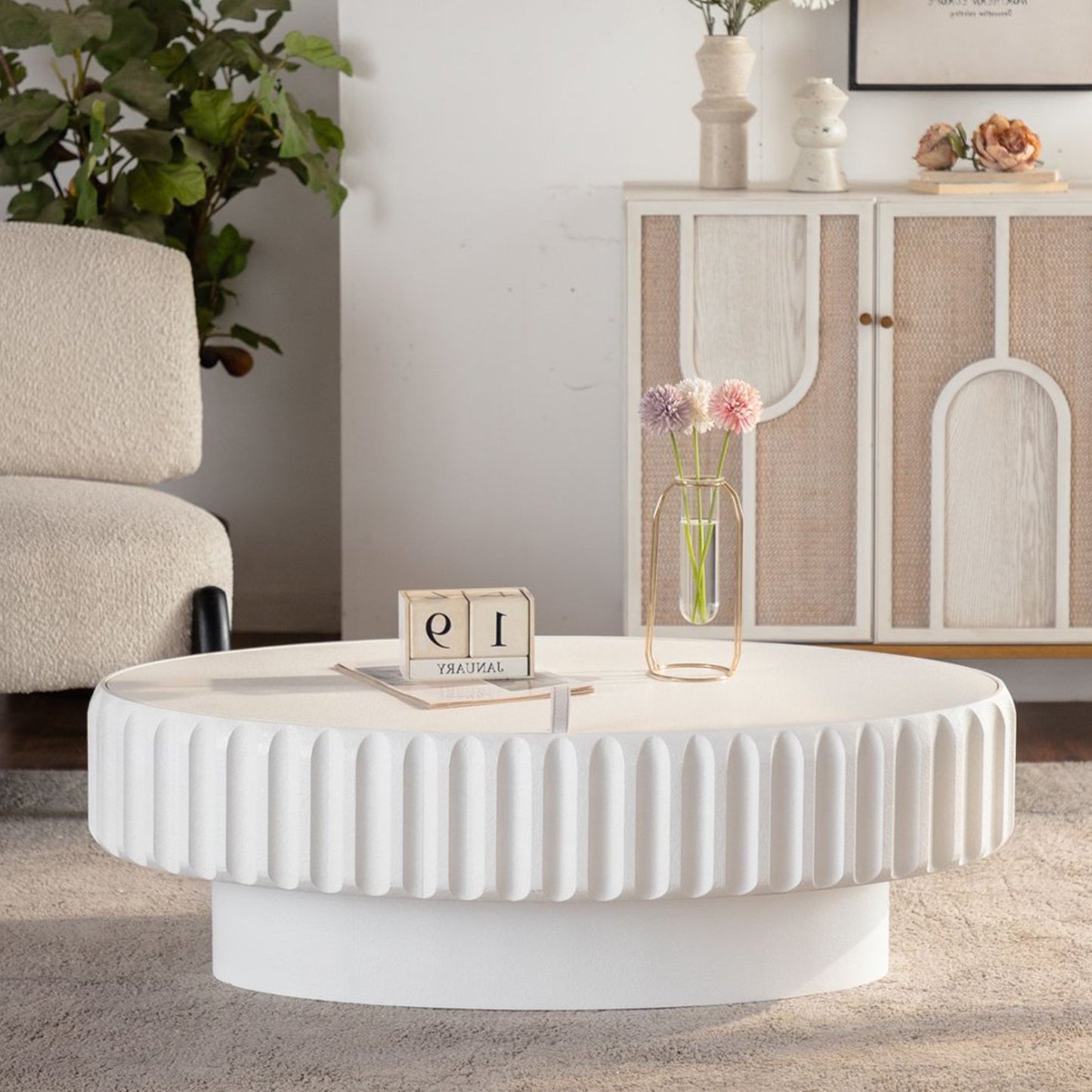 Round Cream White Desk Table with Storage for Living Room