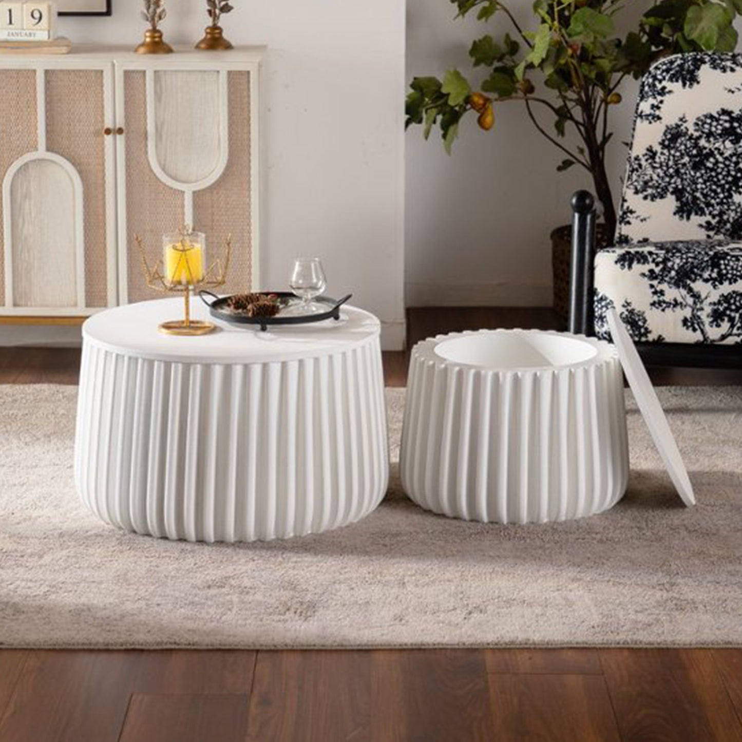 White Round Storage Table Set with Lift-Off Lid, Nesting Design, Elegant Curved-Edge Shape for Cozy Living Room Styling