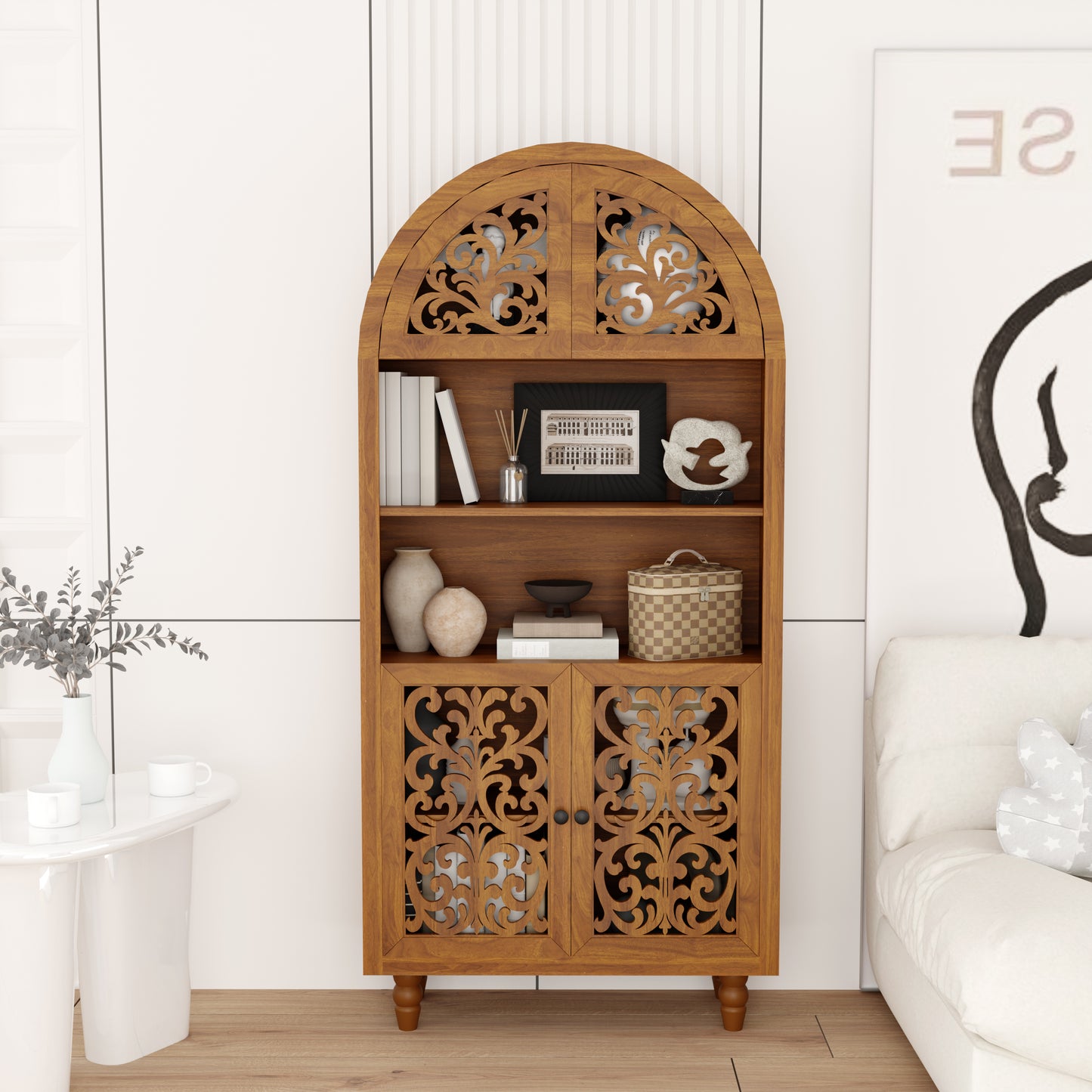 Vintage Arched Carved Wood Cabinet, 66" Tall Open Shelf Bookcase, Freestanding Decorative Storage for Home & Office