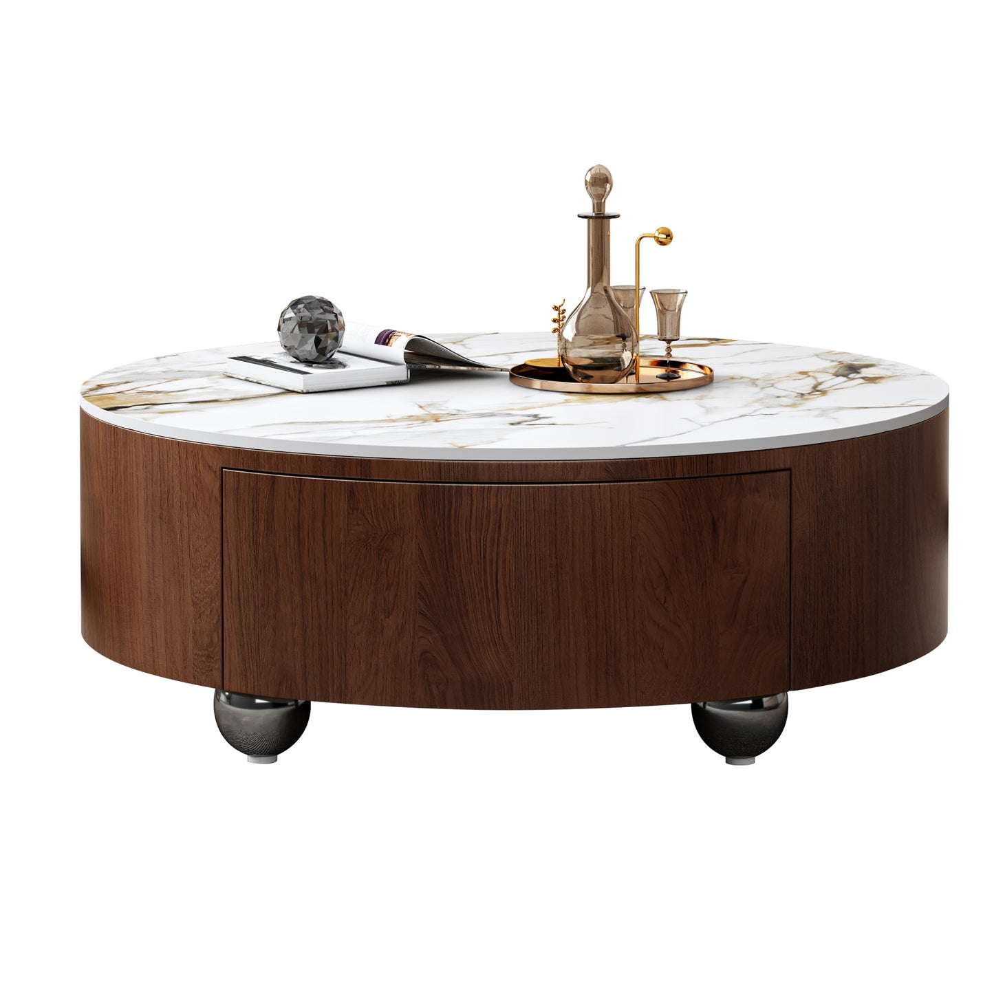 Rustic Round Coffee Table - Walnut Brown & Sintered Stone