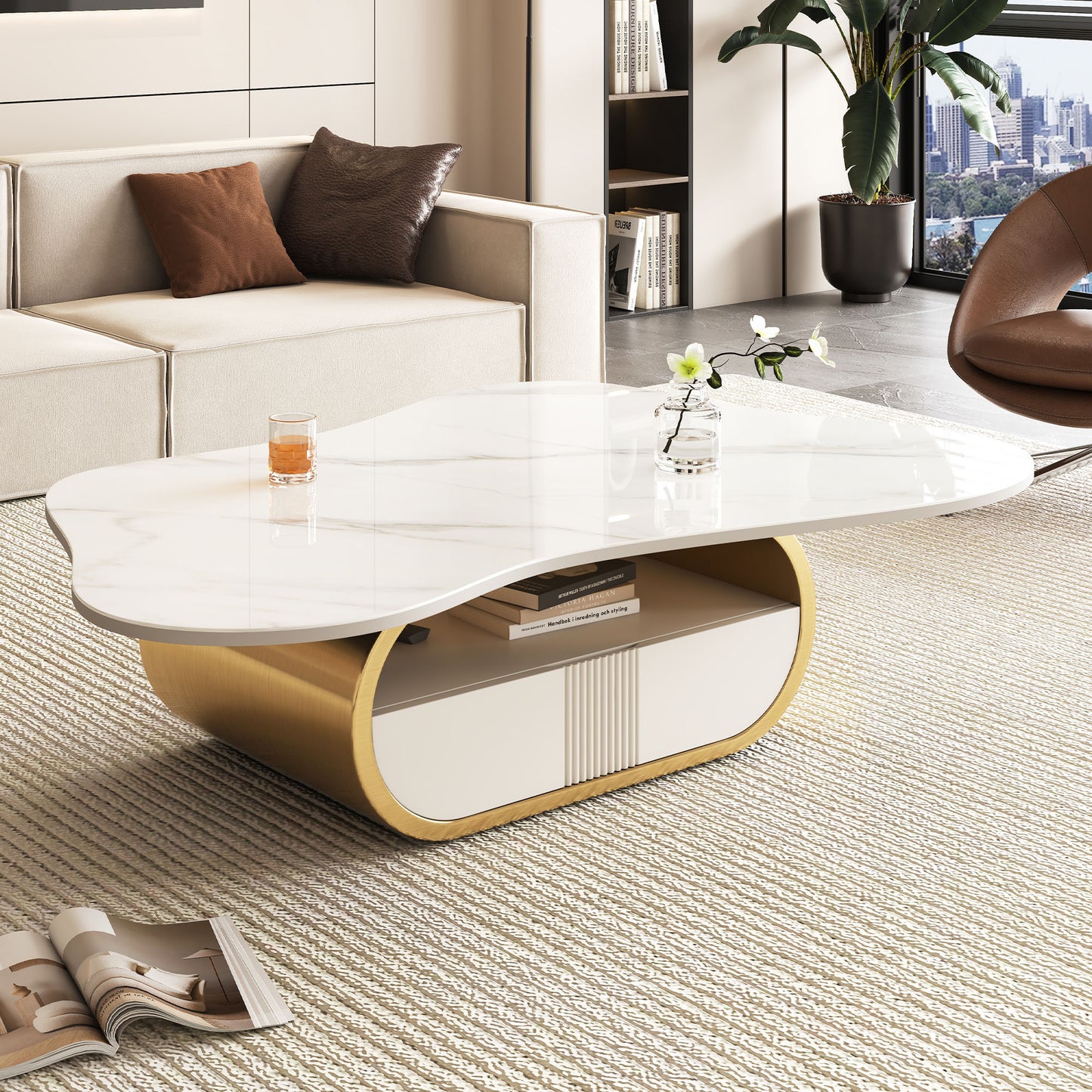 Modern Butterfly Coffee Table with Sintered Stone Top – Oval Center Table with Storage Shelf & Drawer, Stainless Steel Base & MDF Cabinet