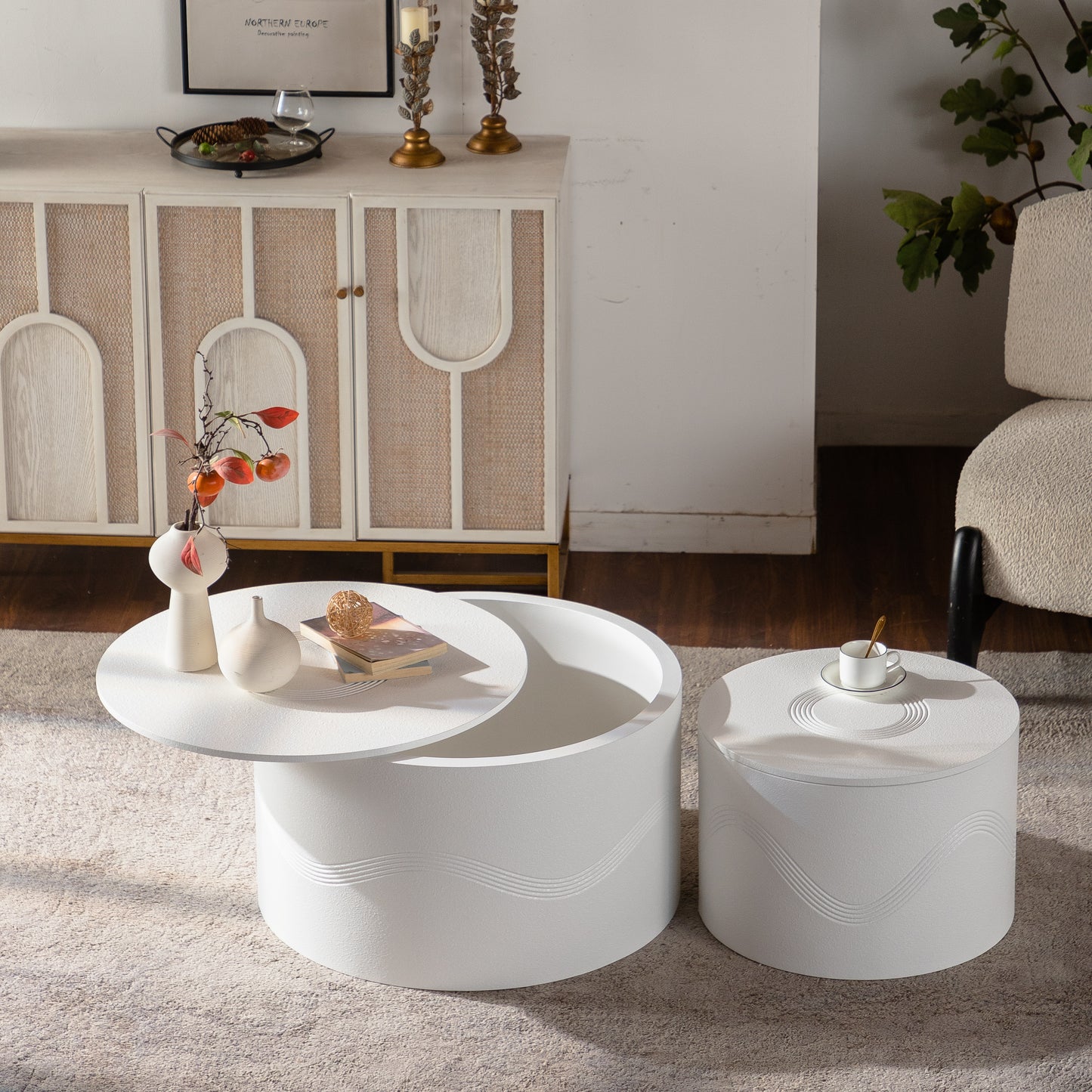 Set of 2 White Round Coffee Table with Hidden Storage - Modern Wavy MDF Painted Accent Tables (26.77"/19.69") for Small Spaces, Fully Assembled Living Room/Bedroom Tables