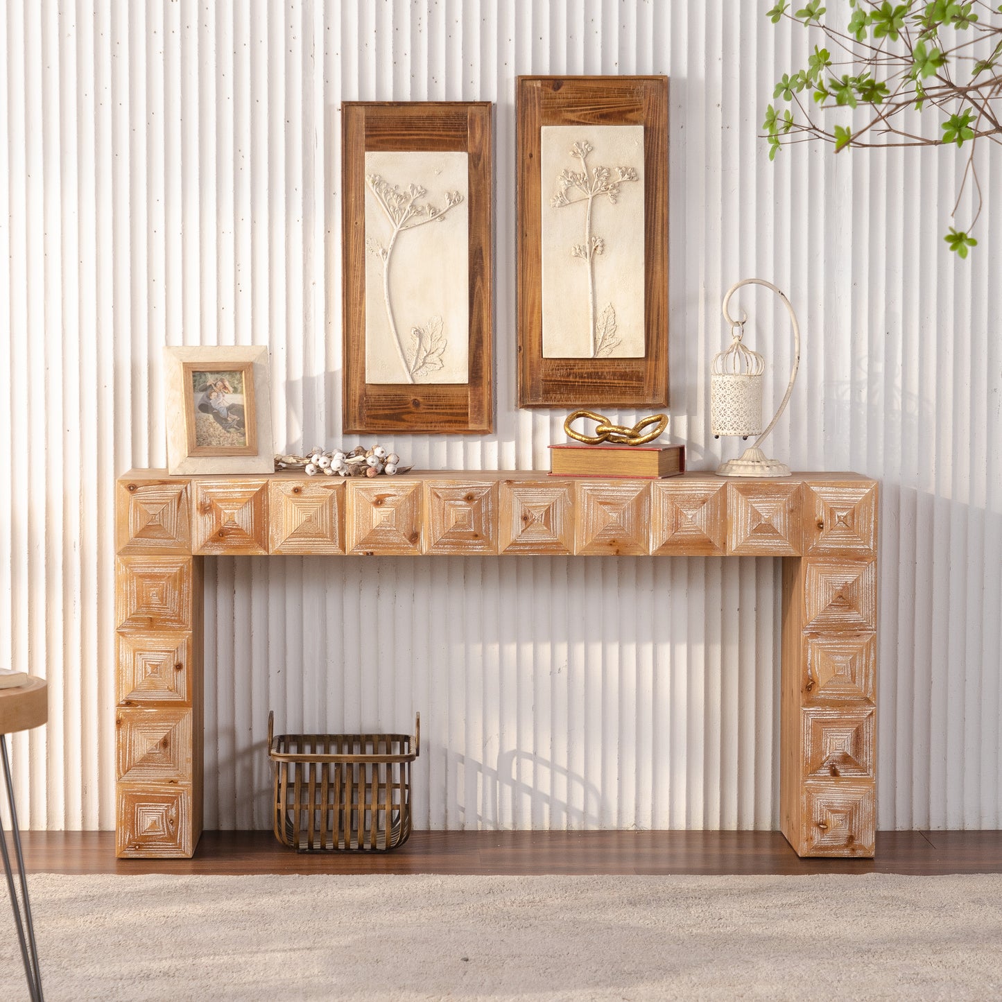 59.06" Rustic Geometric Relief Console Table - Solid Wood & MDF Entryway Table with 3D Carved Details for Living Room/Hallway