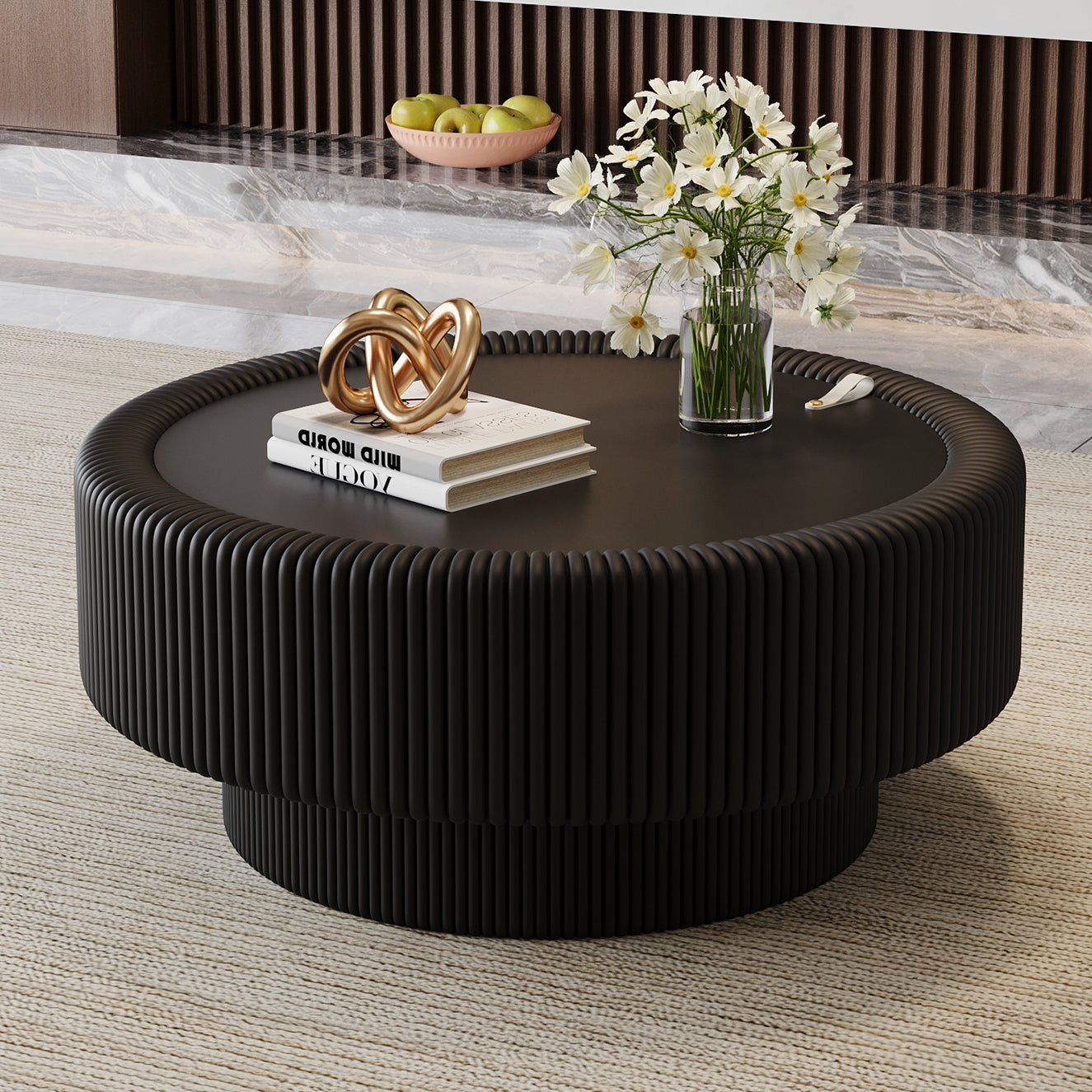 31.5" Fluted Round Storage Coffee Table - Tempered Glass Top & Premium Leather Wrapped, Modern Black Coffee Table with Hidden Storage for Living Room