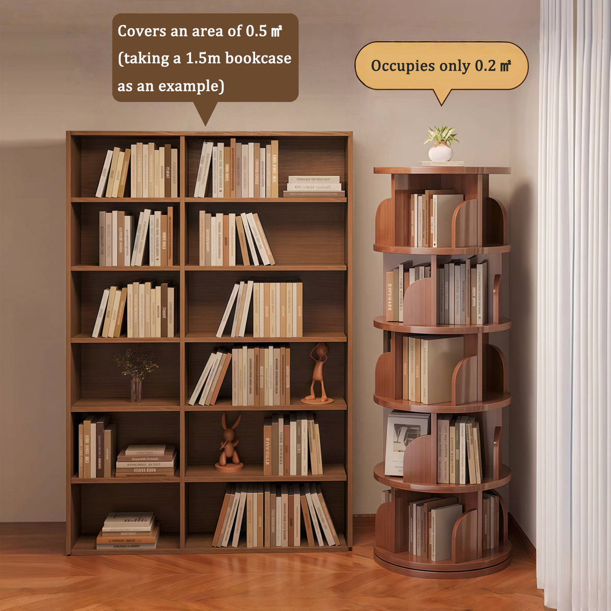 5 Tier Rotating Bookshelf - Walnut Display Tower for Living Room