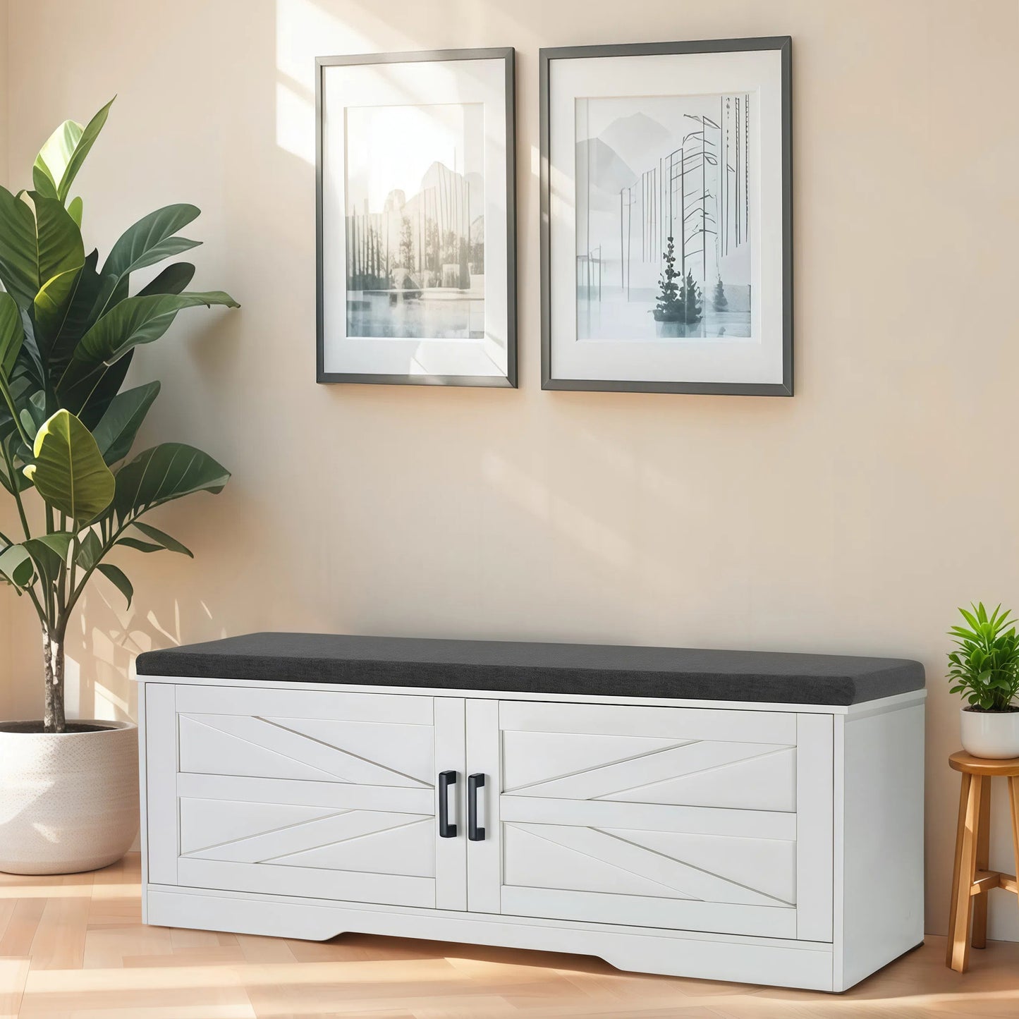 White Storage Bench with Shoe Seat - 2 Tier Entryway Bench