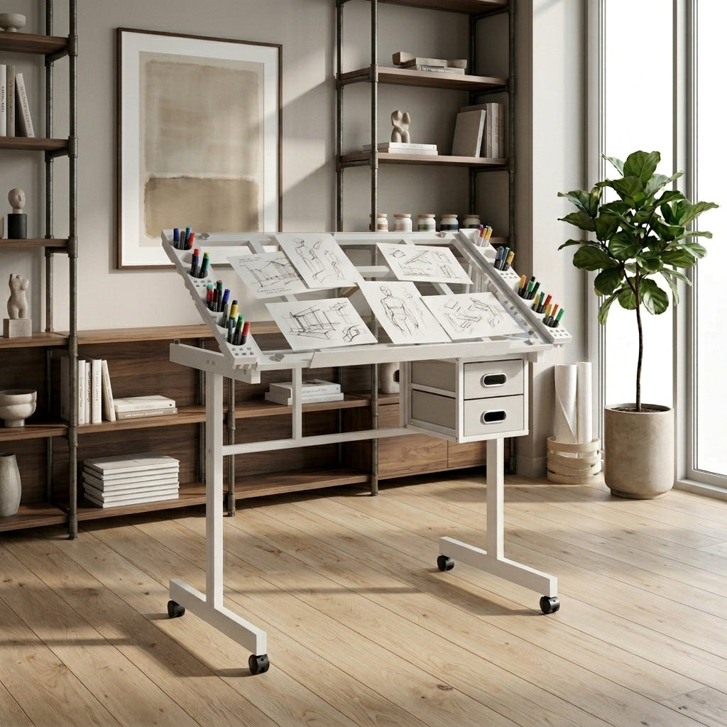 Adjustable Art Drawing Desk Craft Station Drafting with 2 fabric Drawers and 4 Wheels (white)