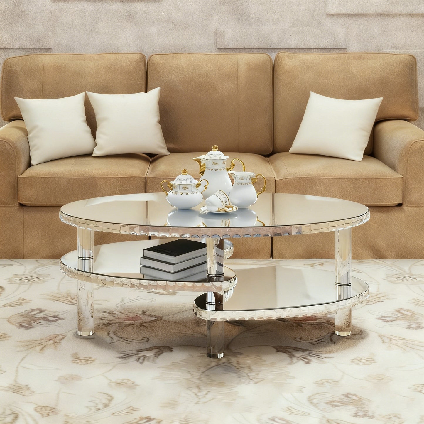 Silver Mirrored Glass Crystal Decor Coffee Table Oval Double-Layer With Acylic Legs Modern Home Furnishing for Compact Living Spaces