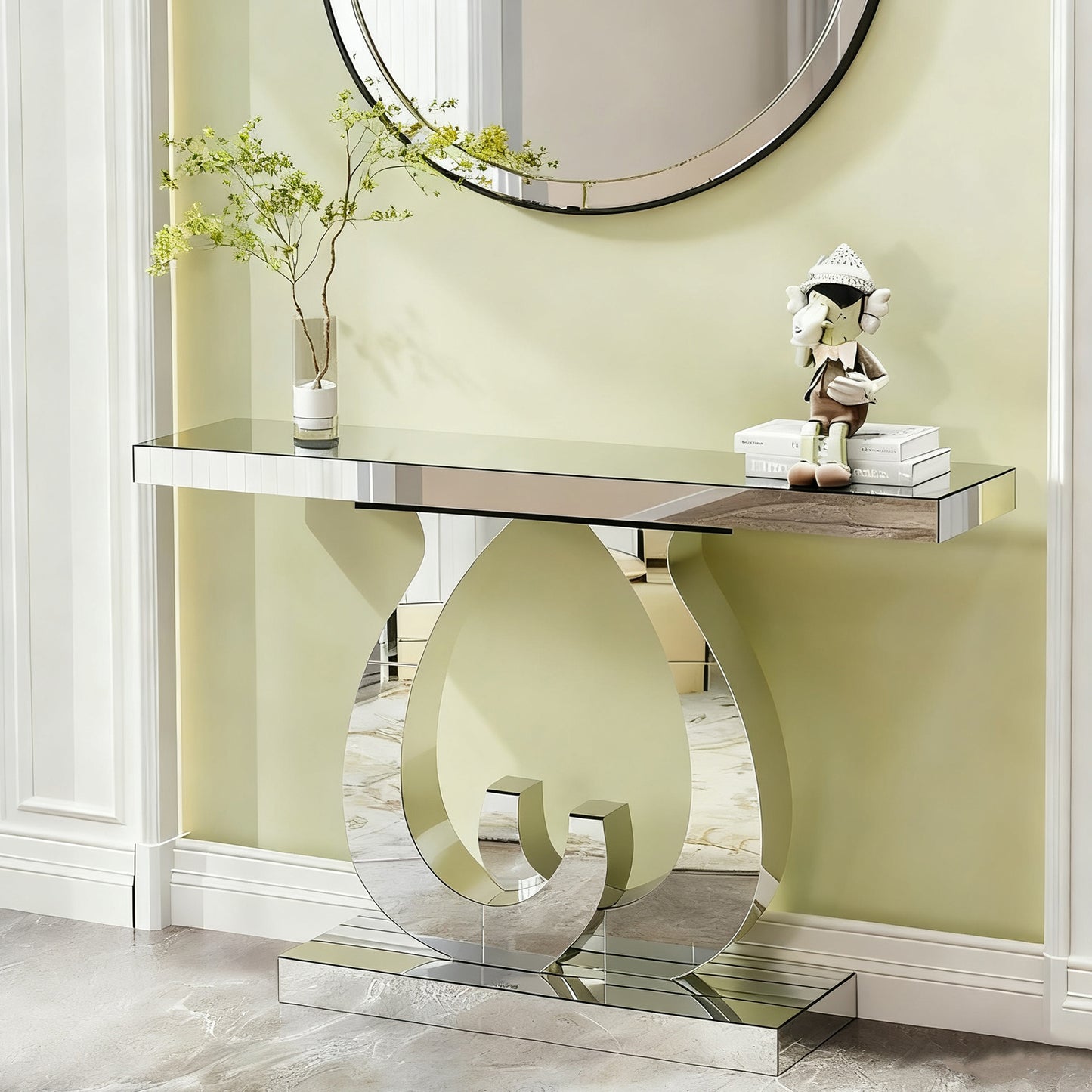 Modern mirror side table glass sofa table with mirror effect entrance table double C-shaped base, rectangular decoration hall table suitable for living room corridor entrance (silver)