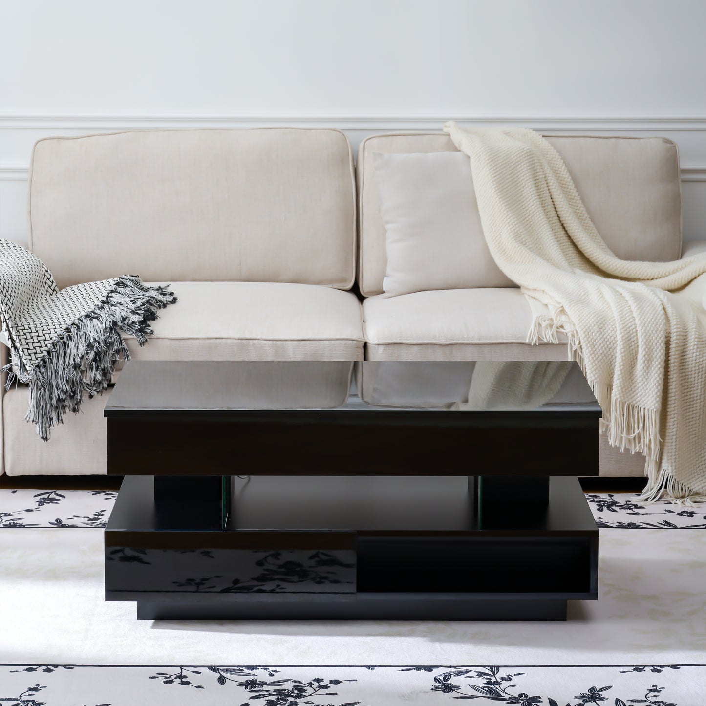 39.3" Lift Top Coffee Table - Black with Storage & LED Lights for Living Room